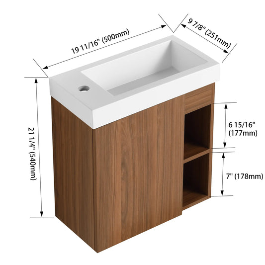 20" Floating Wall-Mounted Bathroom Vanity with White Resin Sink & Soft-Close Door color: Walnut