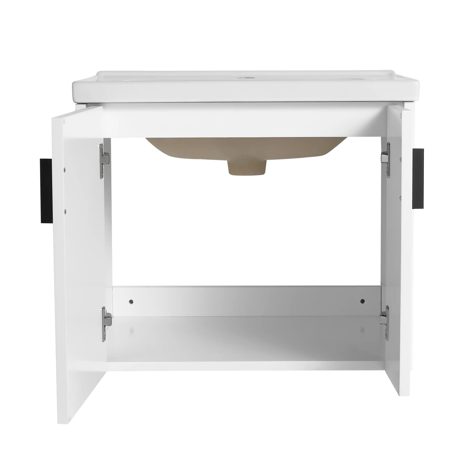 Front open view of floating bathroom vanity 24 inch showing plumbing space | Ace Decor