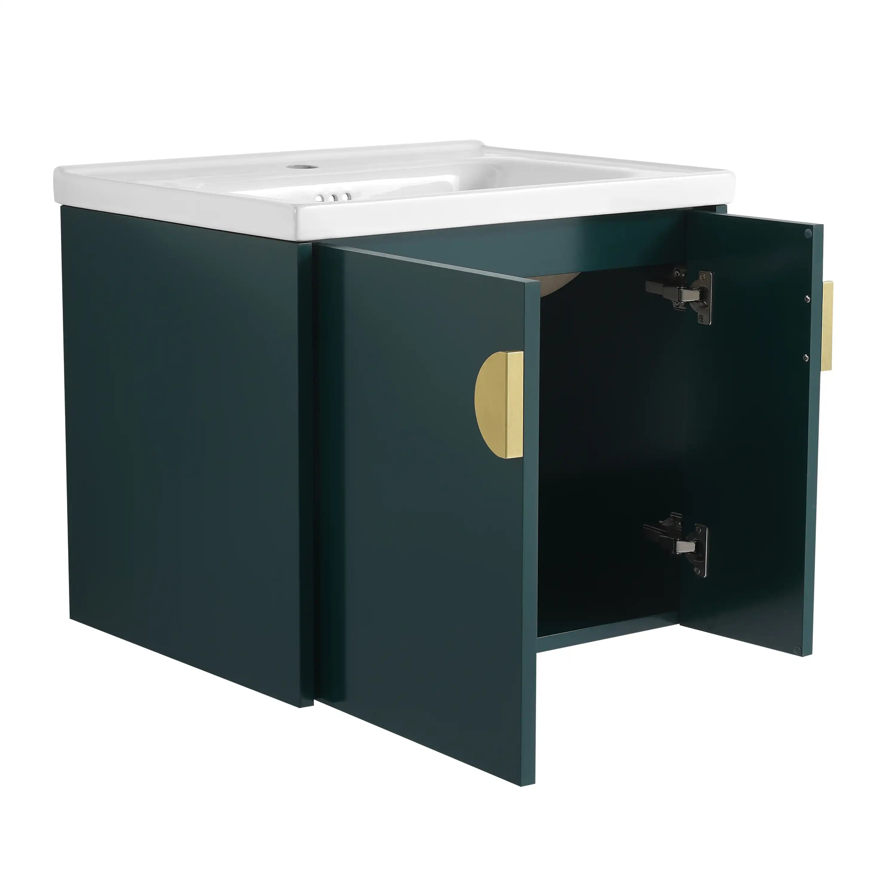Green bathroom vanity with ceramic sink, 24 inch cabinet with doors open showing interior storage.