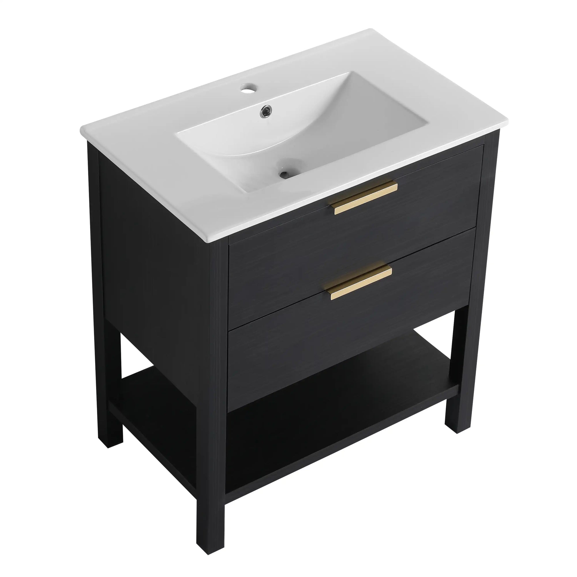 30" black vanity bathroom freestanding cabinet with white integrated sink | Ace Decor