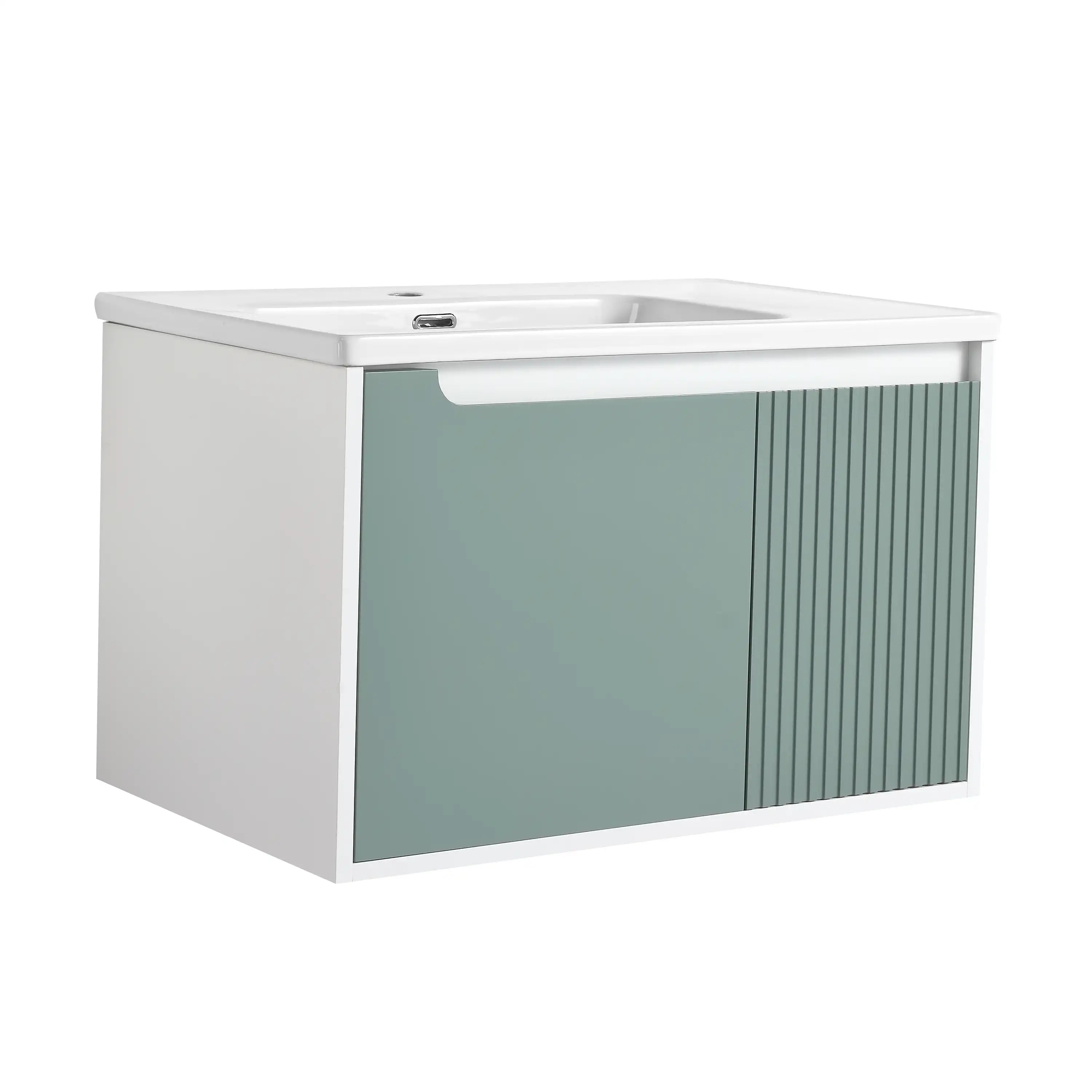Angled front view of 36" mint green bathroom floating vanity with ceramic  sink.