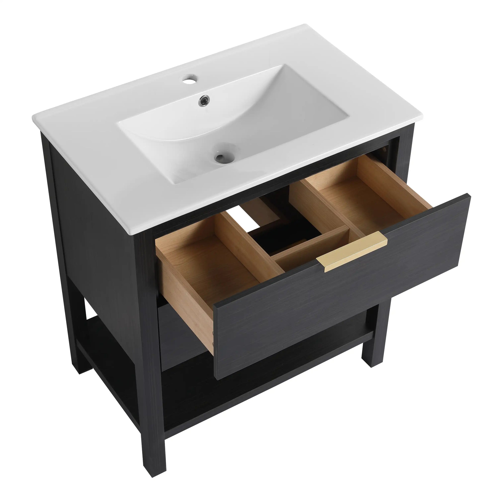 30" black vanity bathroom with pull-out drawer storage and white sink top | Ace Decor