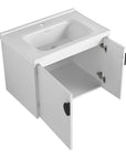 28 inch single floating vanity with soft-close doors open, showcasing storage capacity and integrated sink | Ace Decor