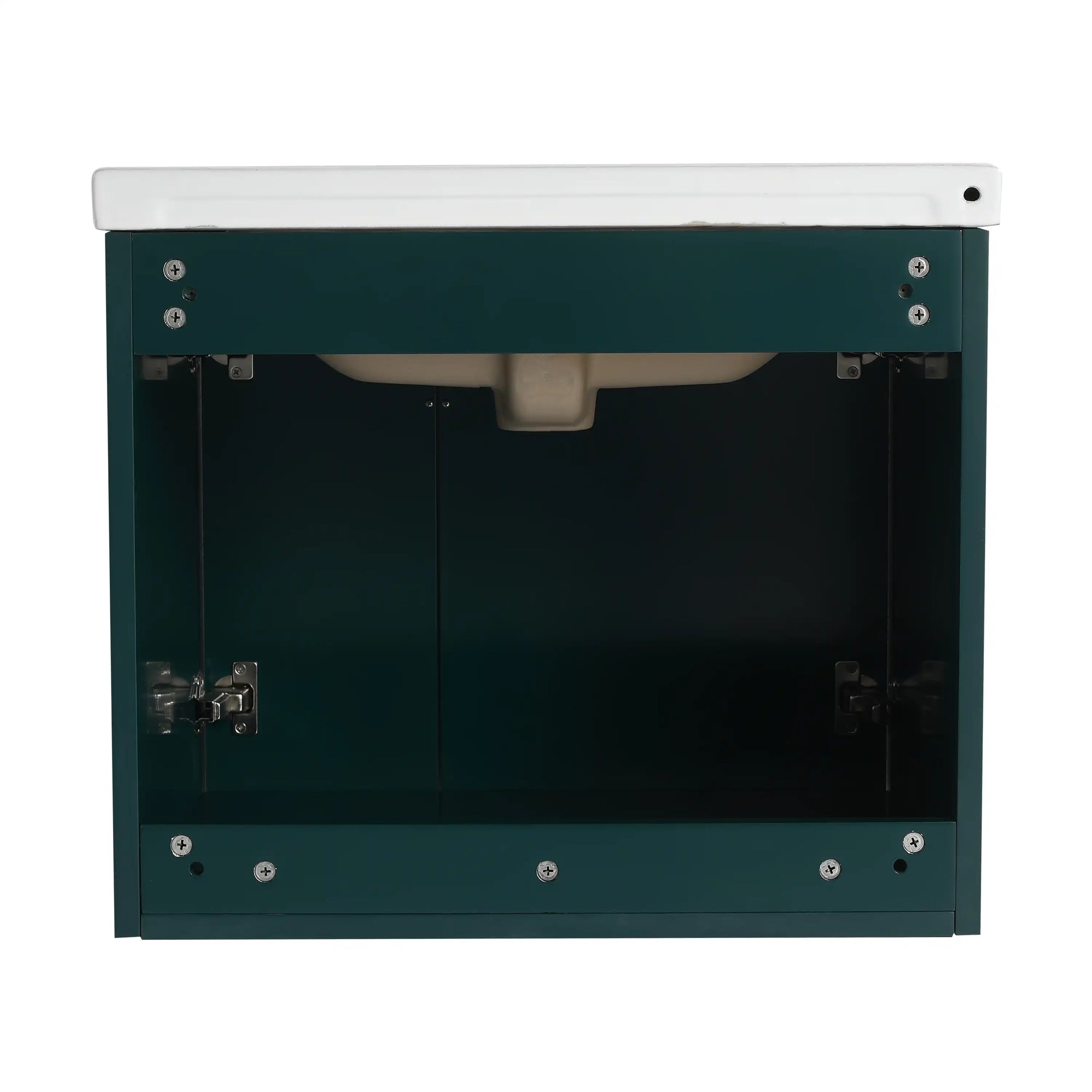 Green bathroom vanity with sink, 24 inch floating cabinet interior view highlighting plumbing space and durable construction | Ace Decor