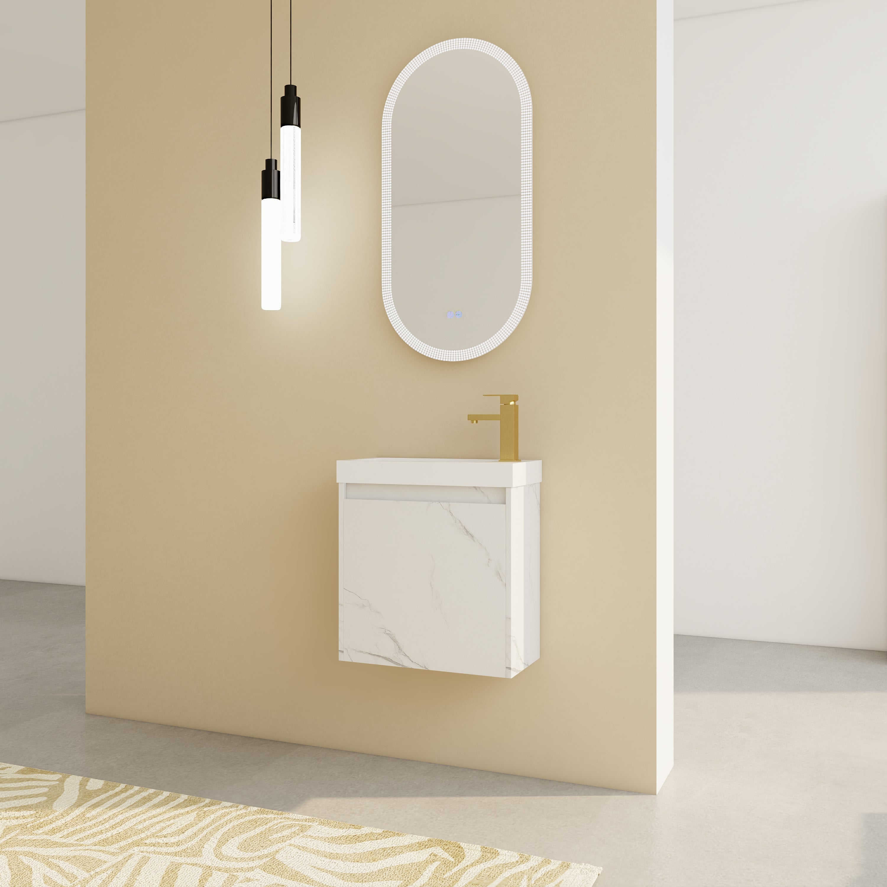 ArborEdge 20-inch marble white floating bathroom vanity with resin sink in a small modern bathroom.