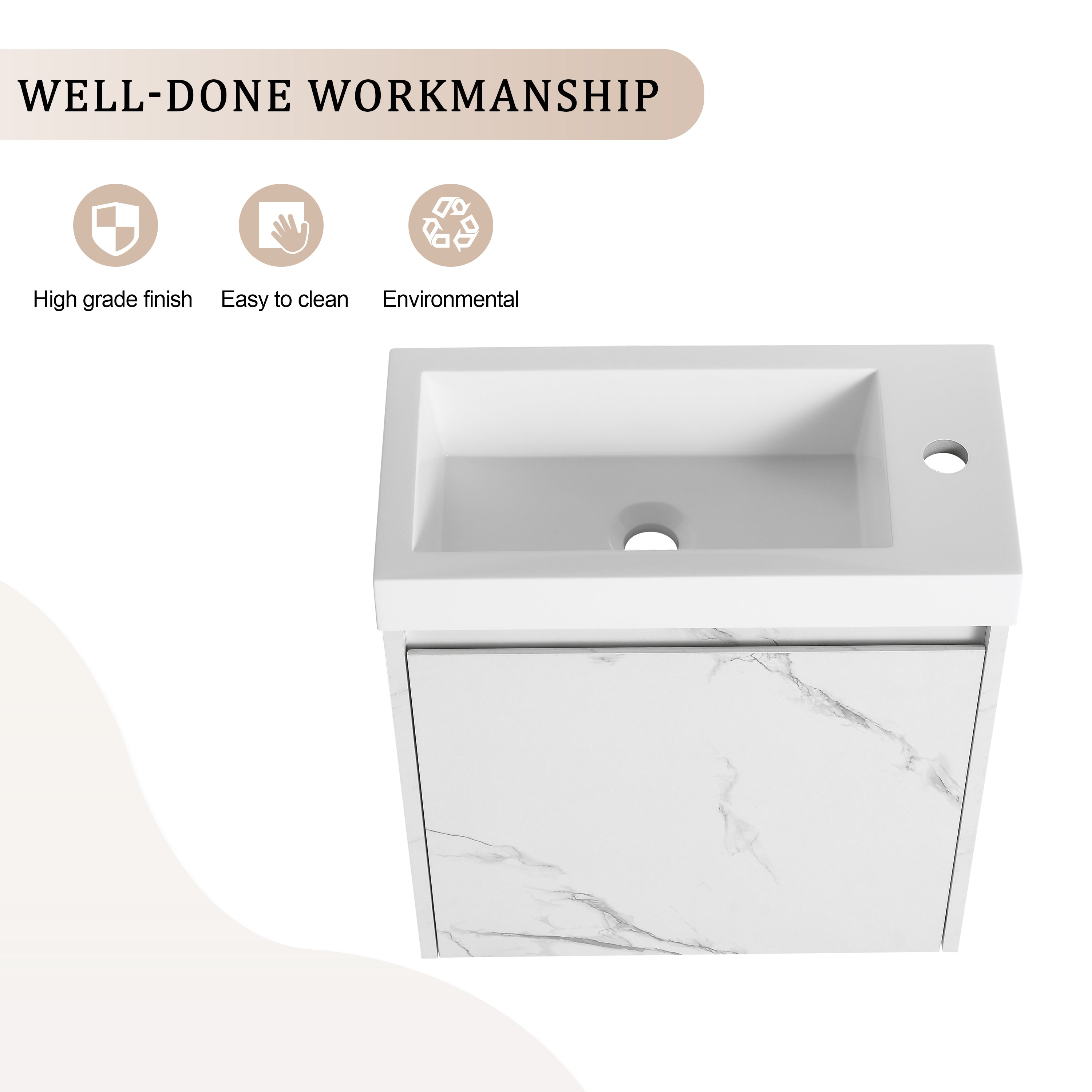 ArborEdge marble white floating bathroom vanity with plywood cabinet and durable resin sink.