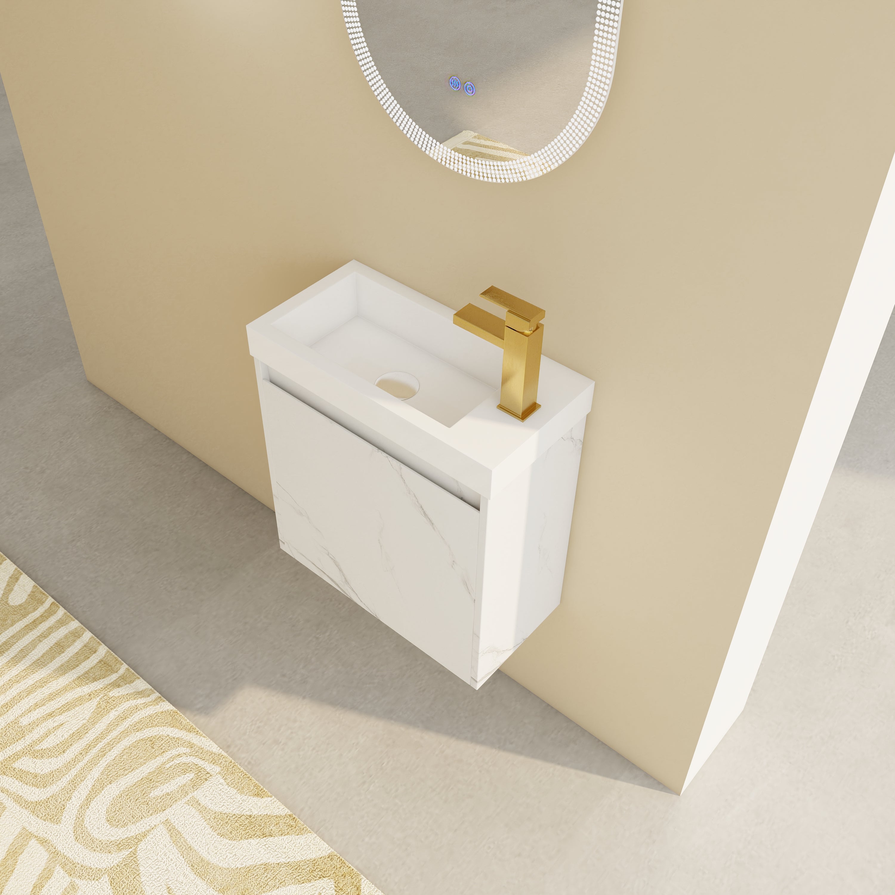 Angled view of ArborEdge floating bathroom vanity with resin sink in a small bathroom.