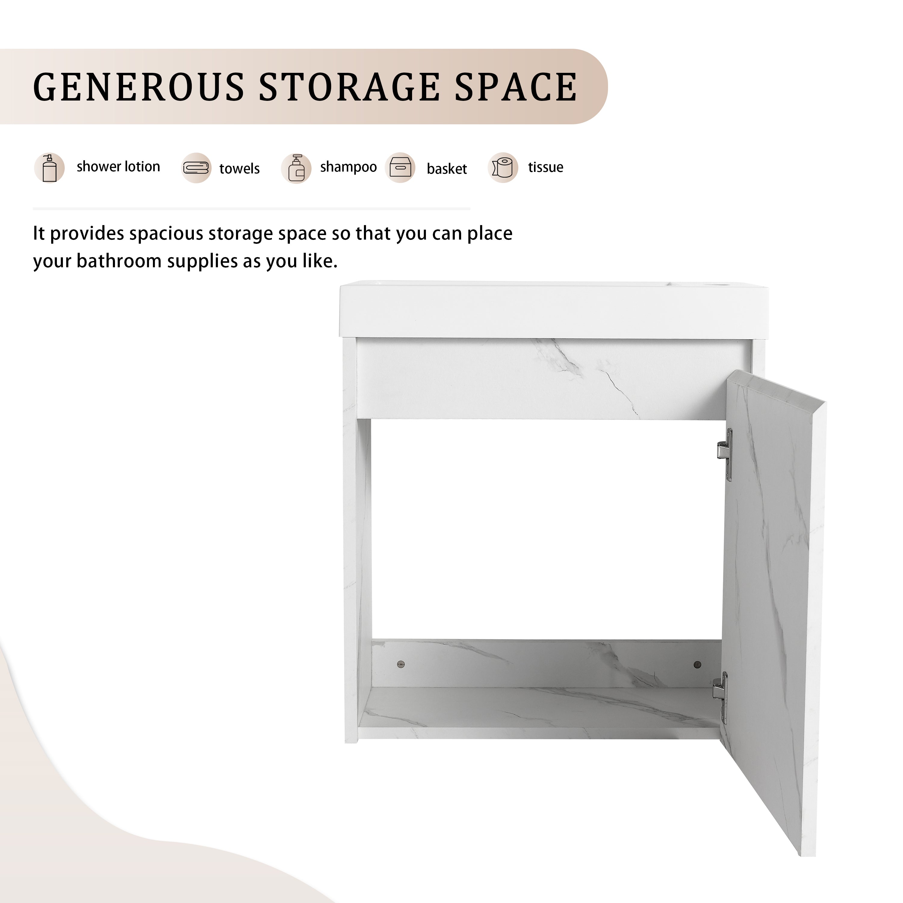 ArborEdge 20-inch floating bathroom vanity with spacious single-door cabinet storage.