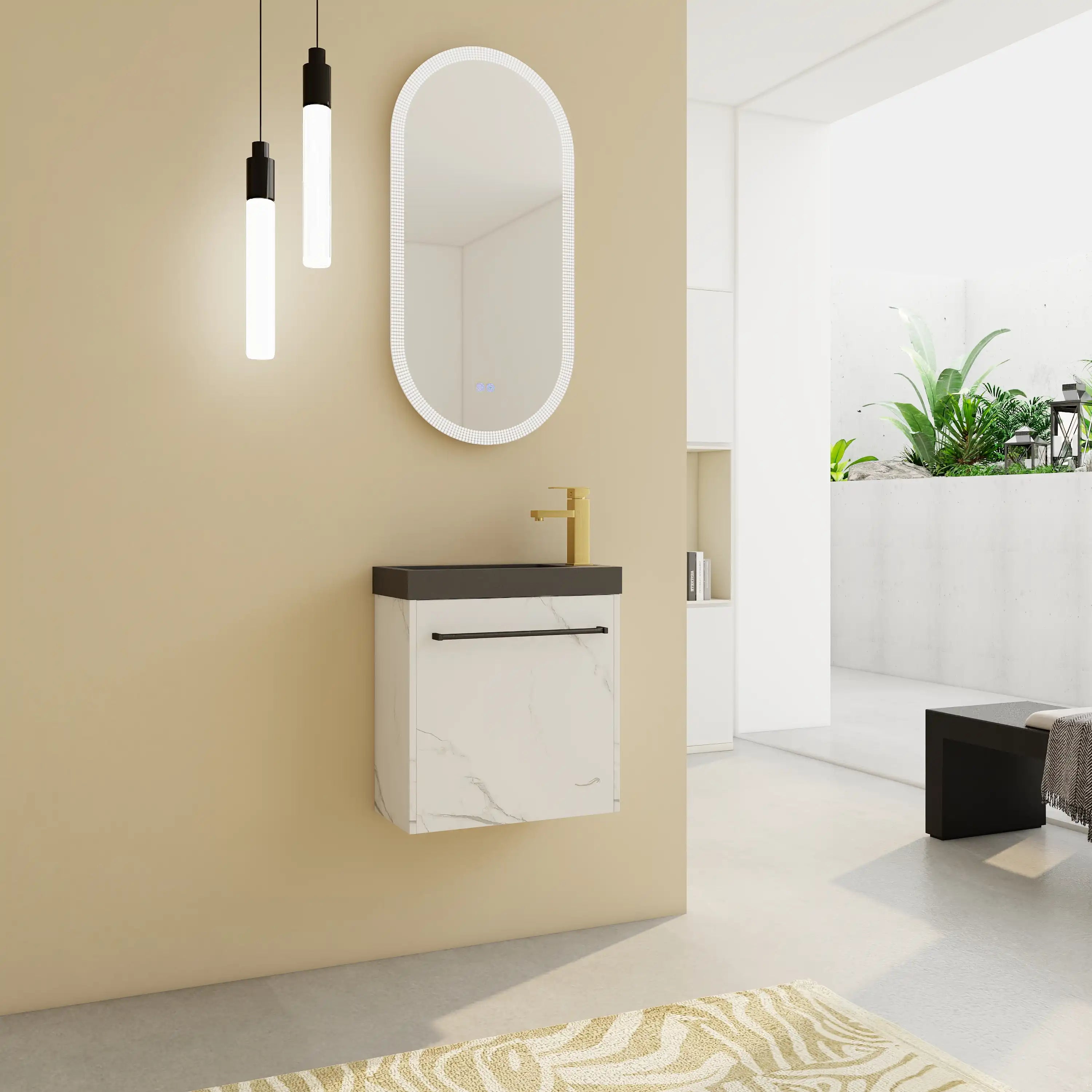 Angled view of ArborEdge marble contrast floating vanity with matte black resin sink in a compact bathroom.