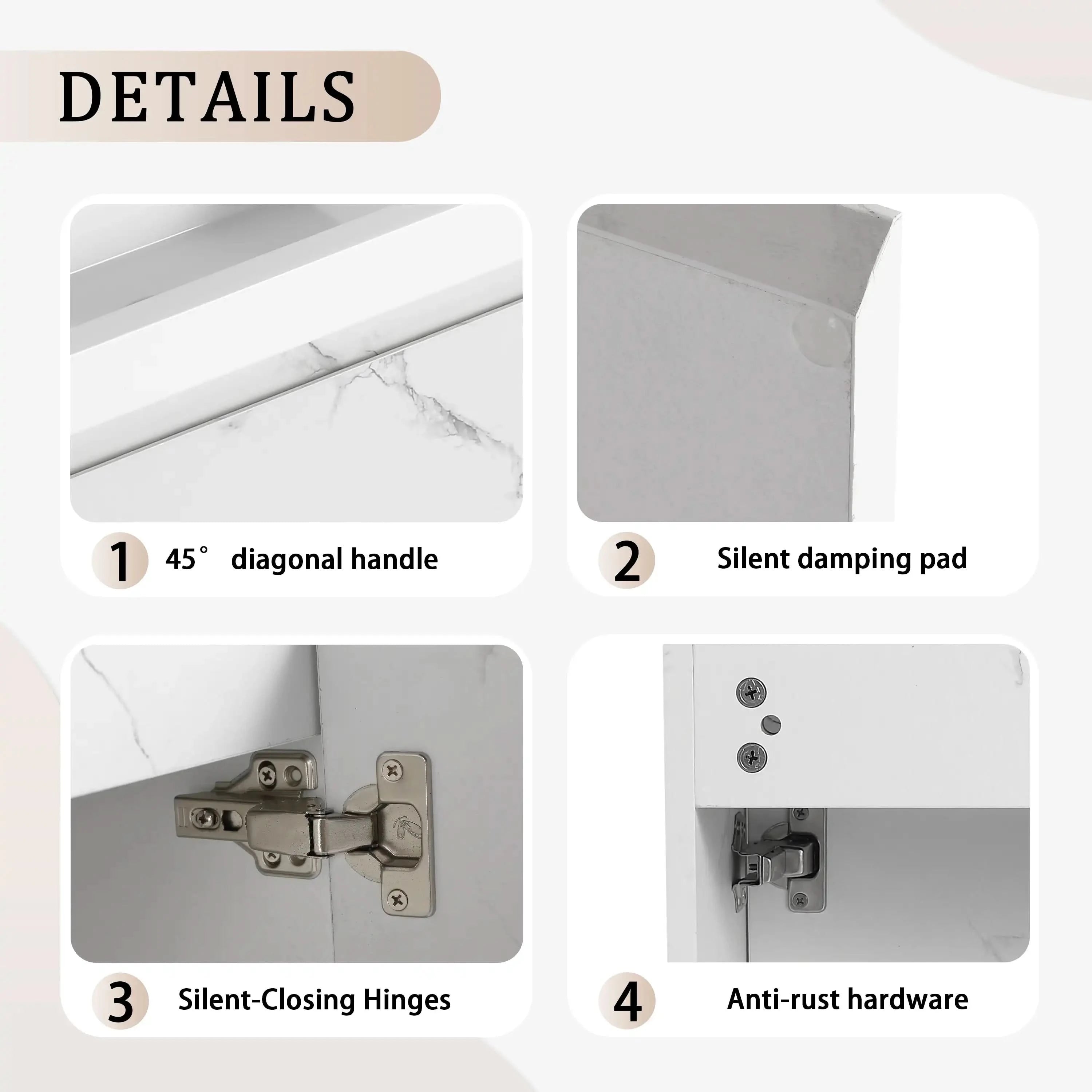 ArborEdge floating bathroom vanity with 45-degree handle-free edge, soft-close hinge and durable hardware details.