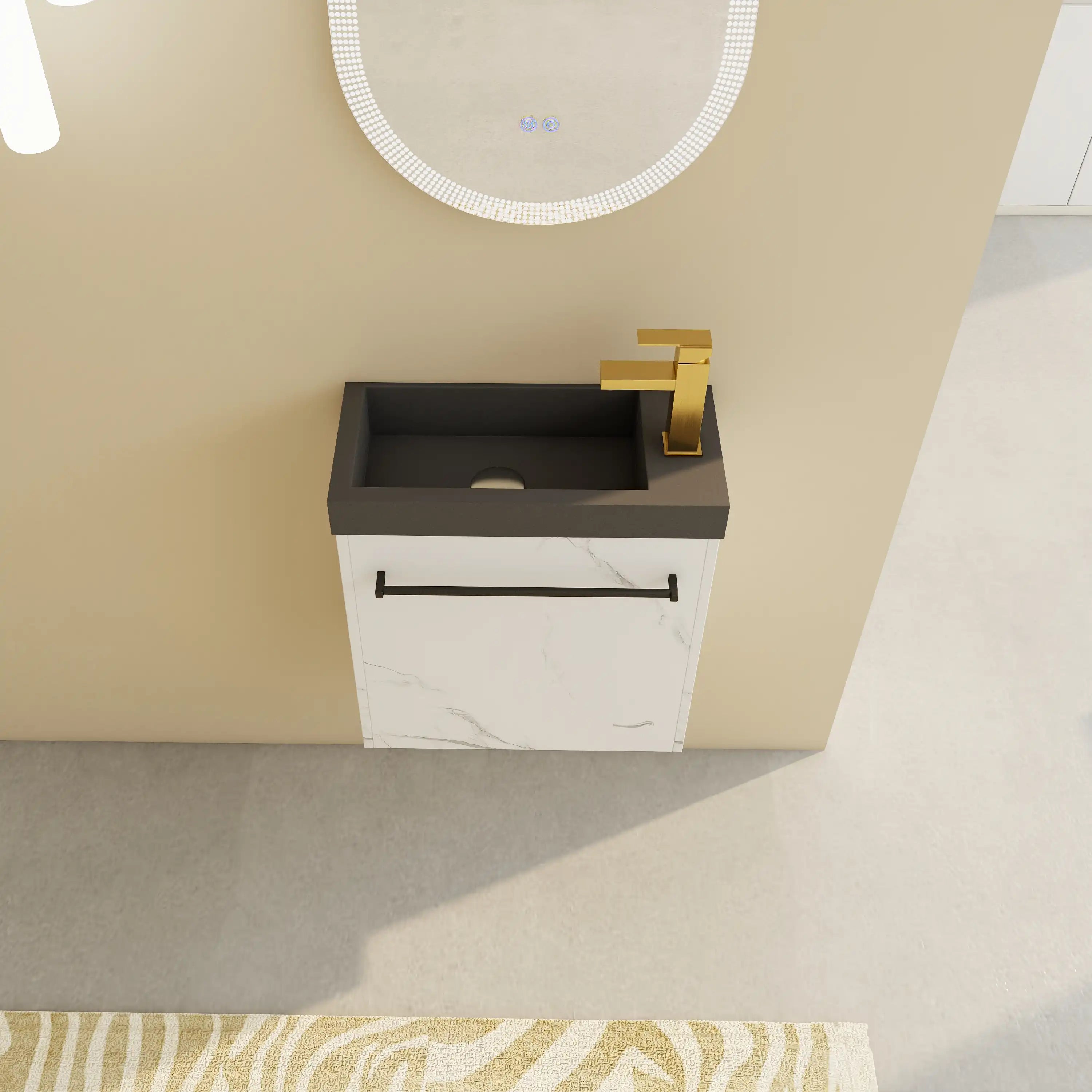 20 inch bathroom vanity top view with black sink and gold faucet.