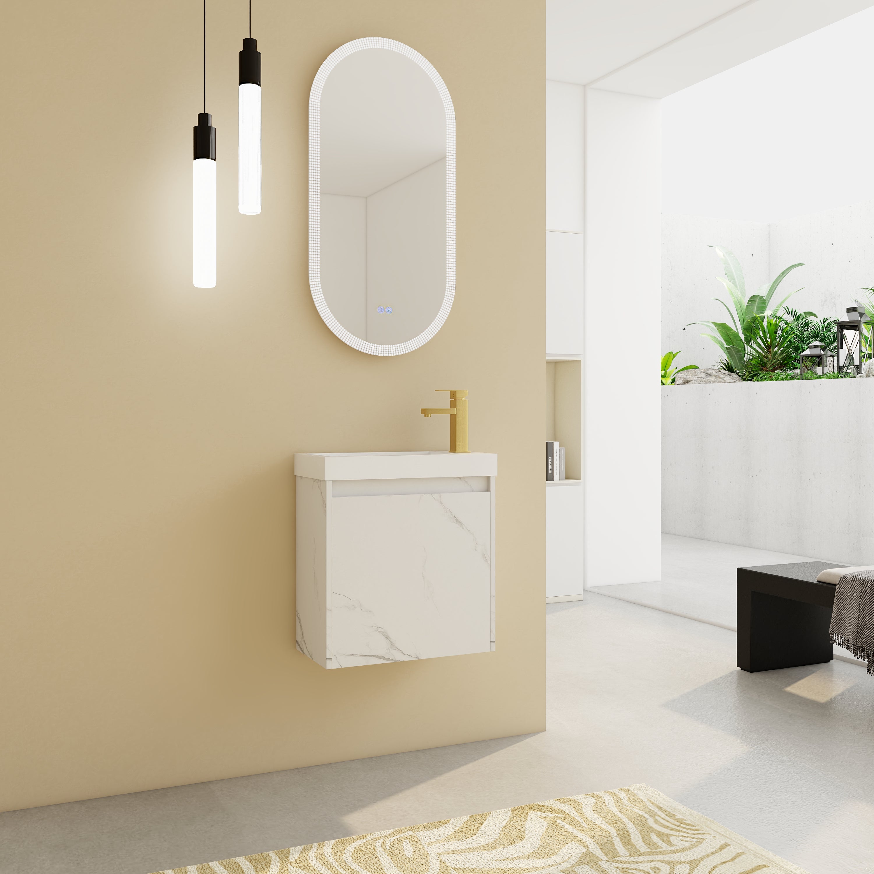 ArborEdge marble white floating vanity with resin sink in a compact bathroom setting.
