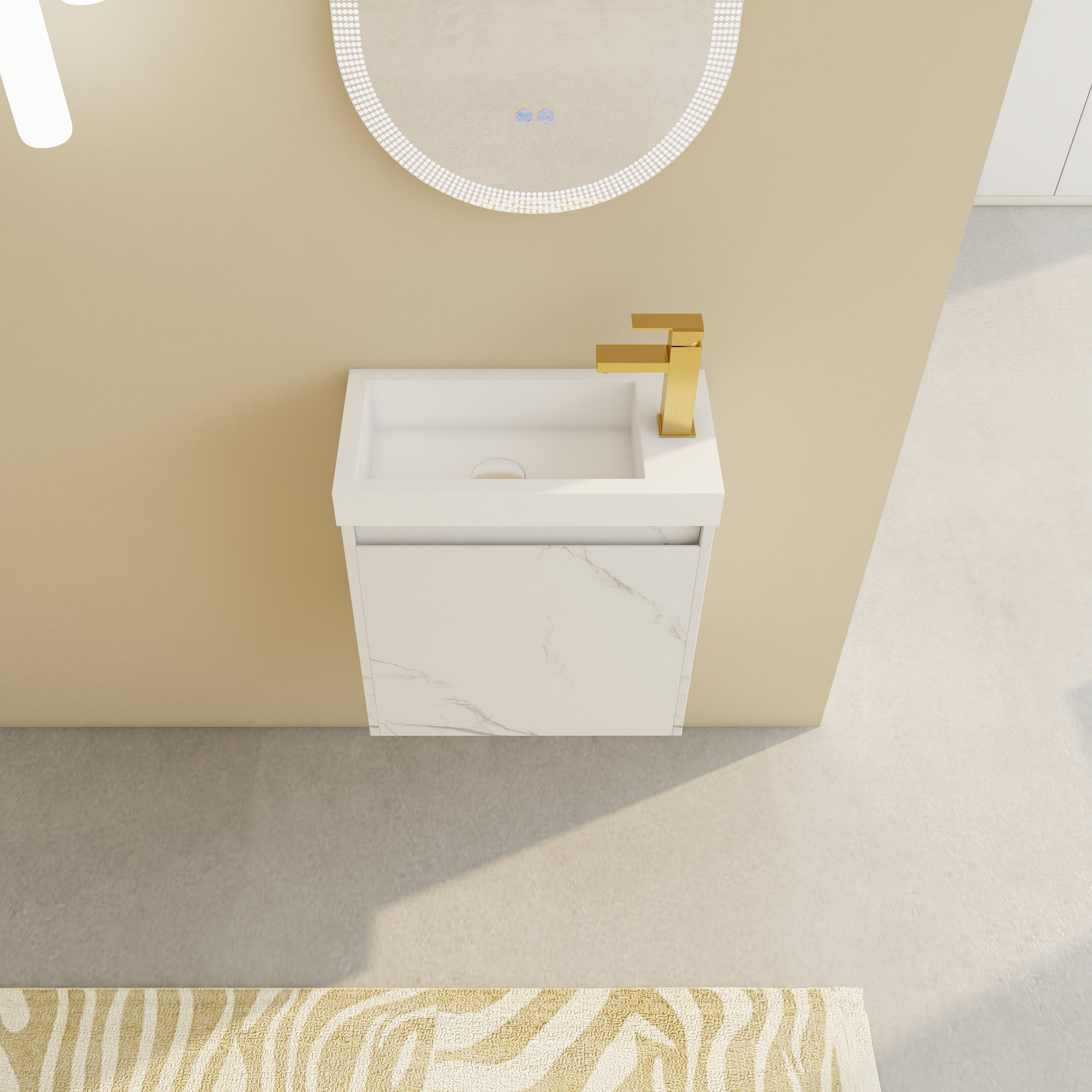 Front view of ArborEdge 20-inch floating bathroom vanity with resin sink and marble white finish.