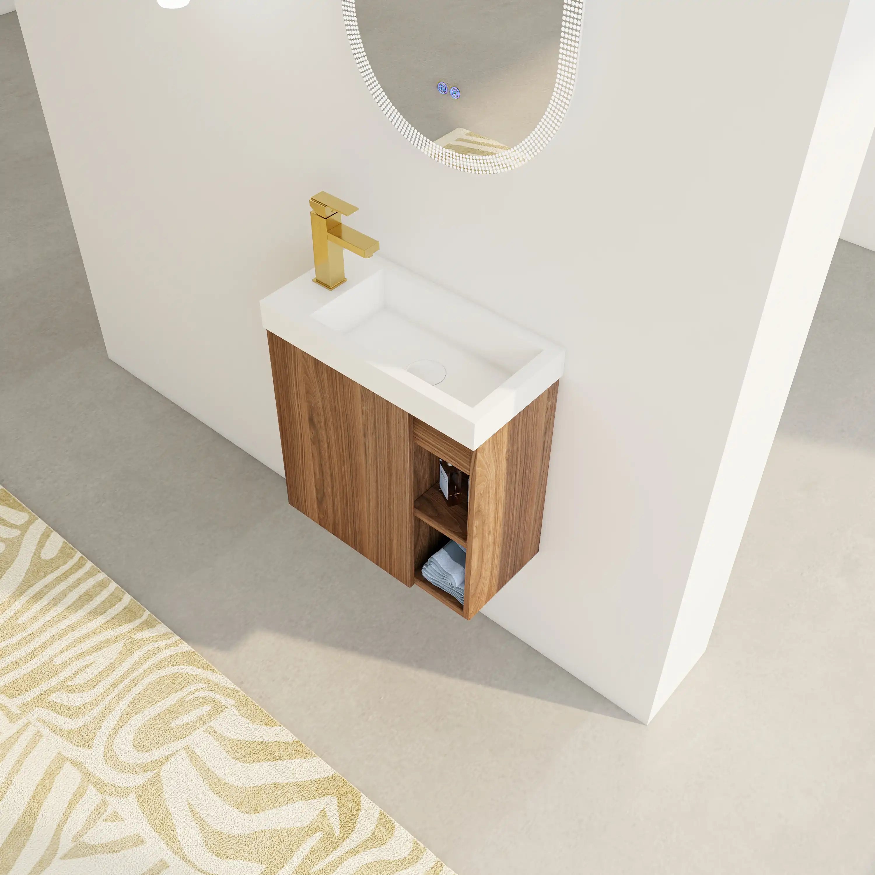 20 inch modern bathroom vanity small with integrated sink and side open storage in use.