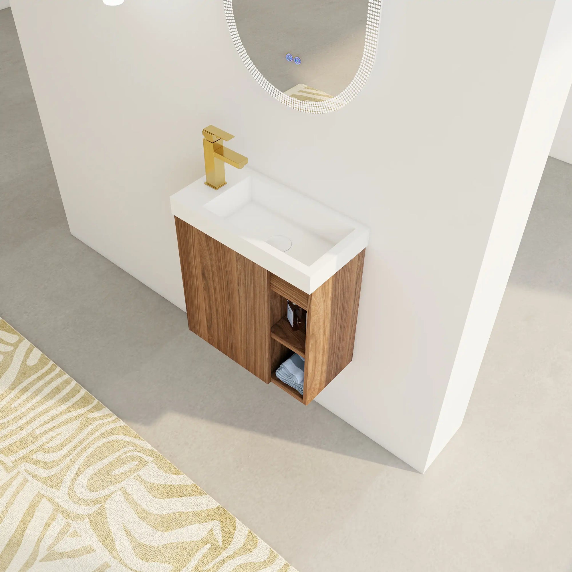 20 inch modern bathroom vanity small with integrated sink and side open storage in use | Ace Decor