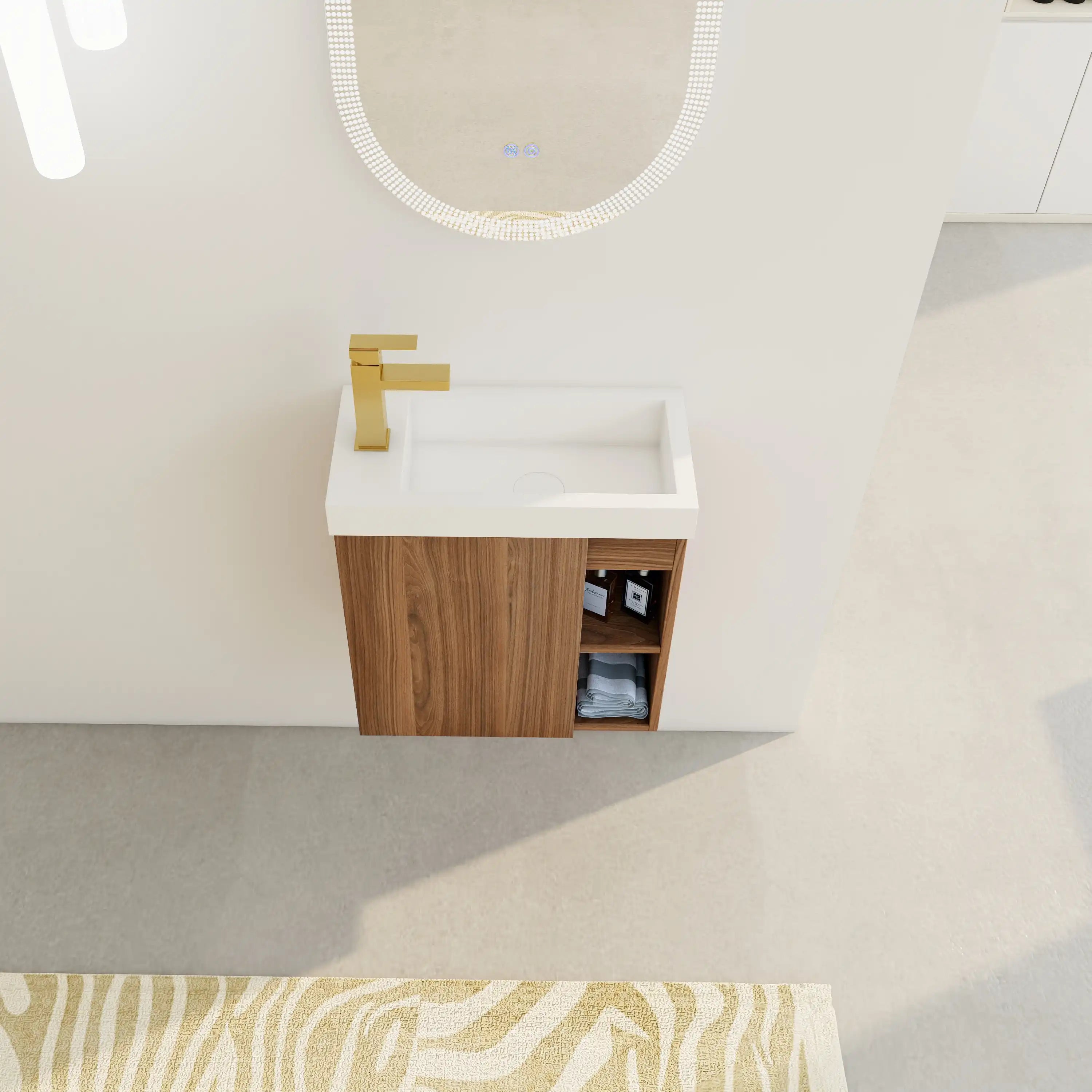 20 inch modern bathroom vanity small front view installed beneath oval mirror.