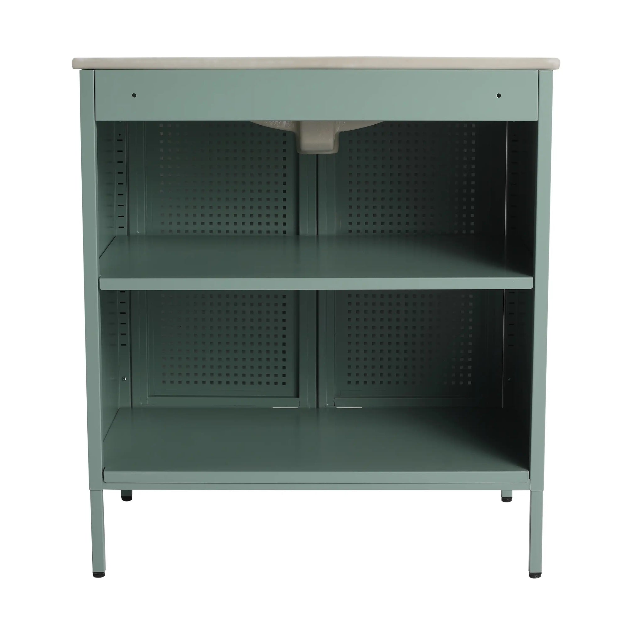Interior storage of 30" mint green 30 inch bathroom vanity with legs showing adjustable shelf and spacious cabinet | Ace Decor
