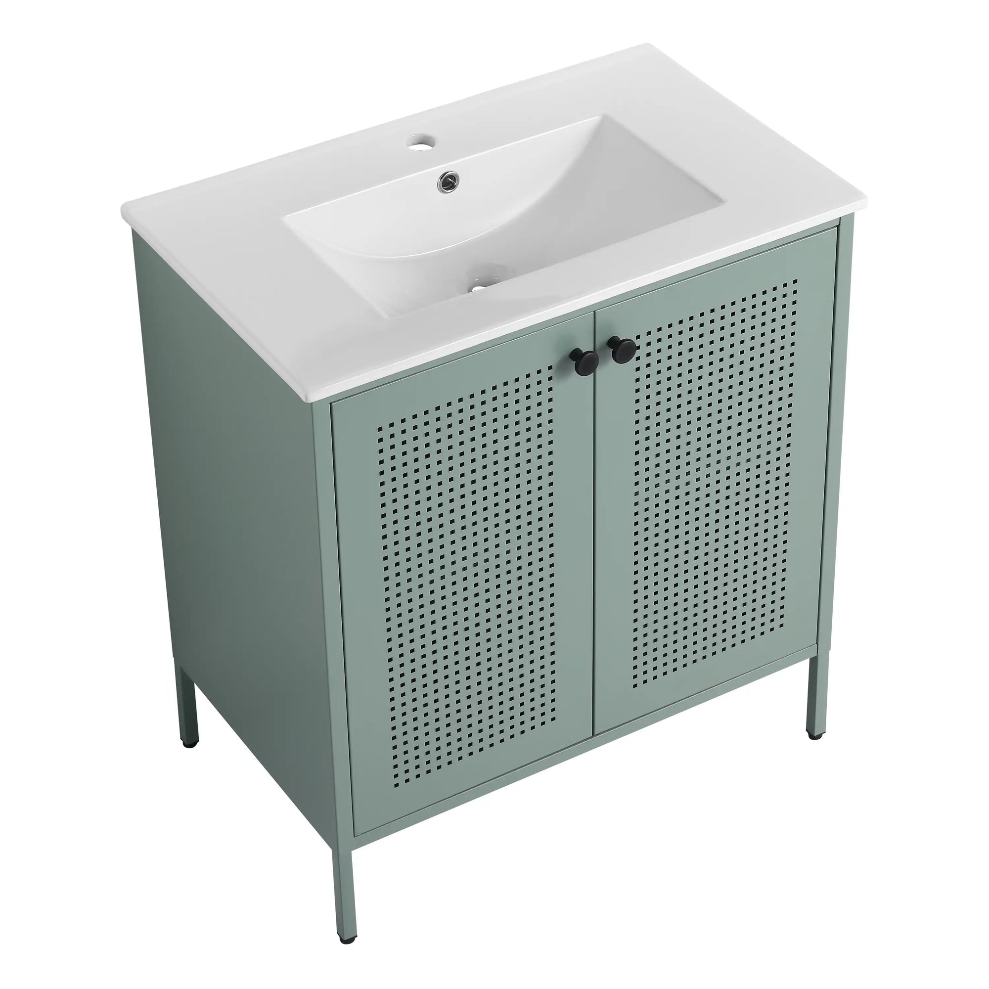Angled view of 30" mint green 30 inch bathroom vanity with legs featuring ceramic sink and perforated double doors | Ace Decor