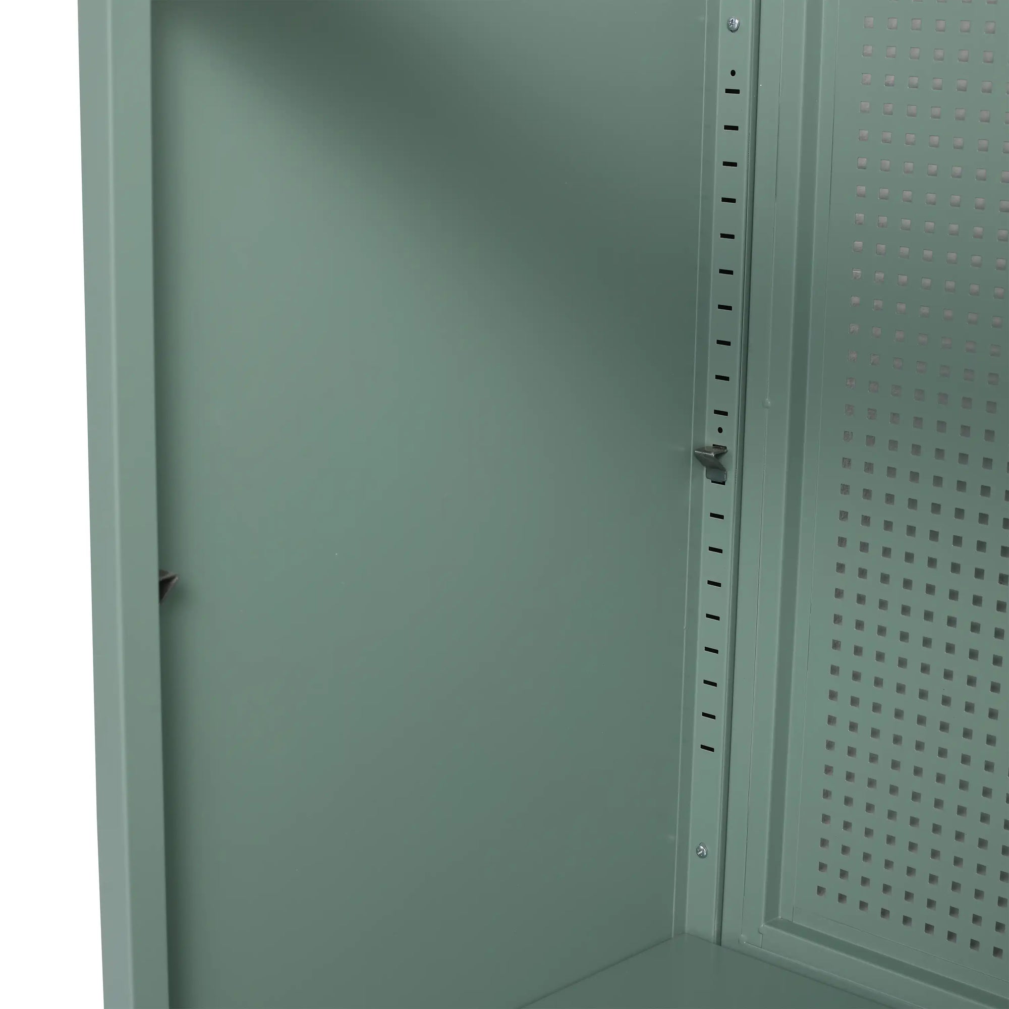 Adjustable shelf rail inside 30" mint green 30 inch bathroom vanity with legs showing flexible storage | Ace Decor