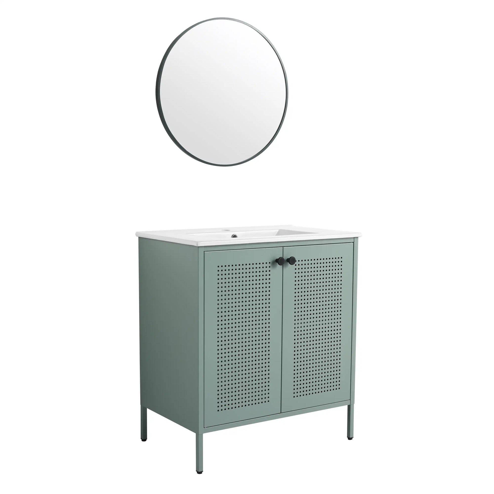 30" mint green 30 inch bathroom vanity with legs with round mirror and ceramic sink | Ace Decor