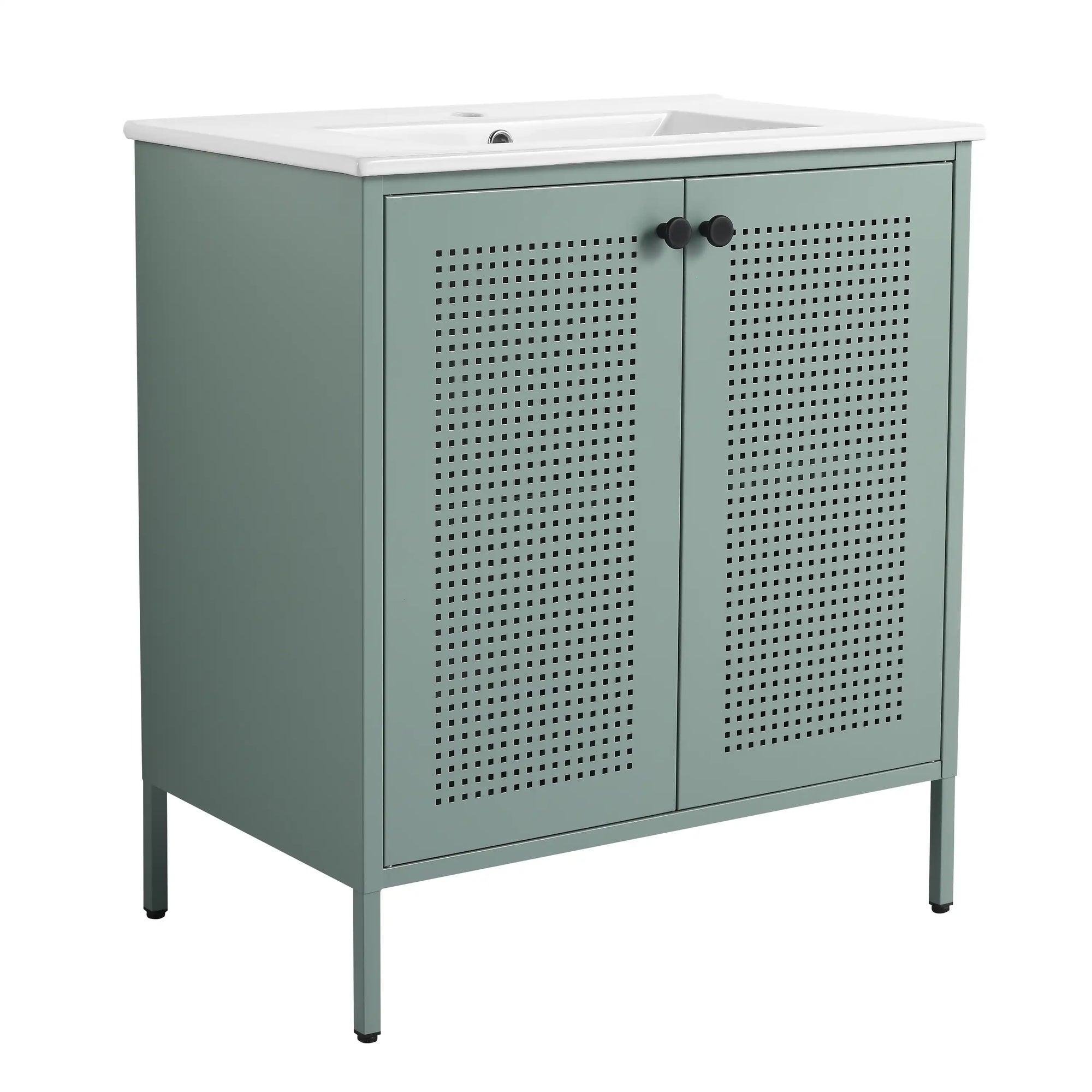 Front view of 30" mint green 30 inch bathroom vanity with legs featuring perforated double doors | Ace Decor