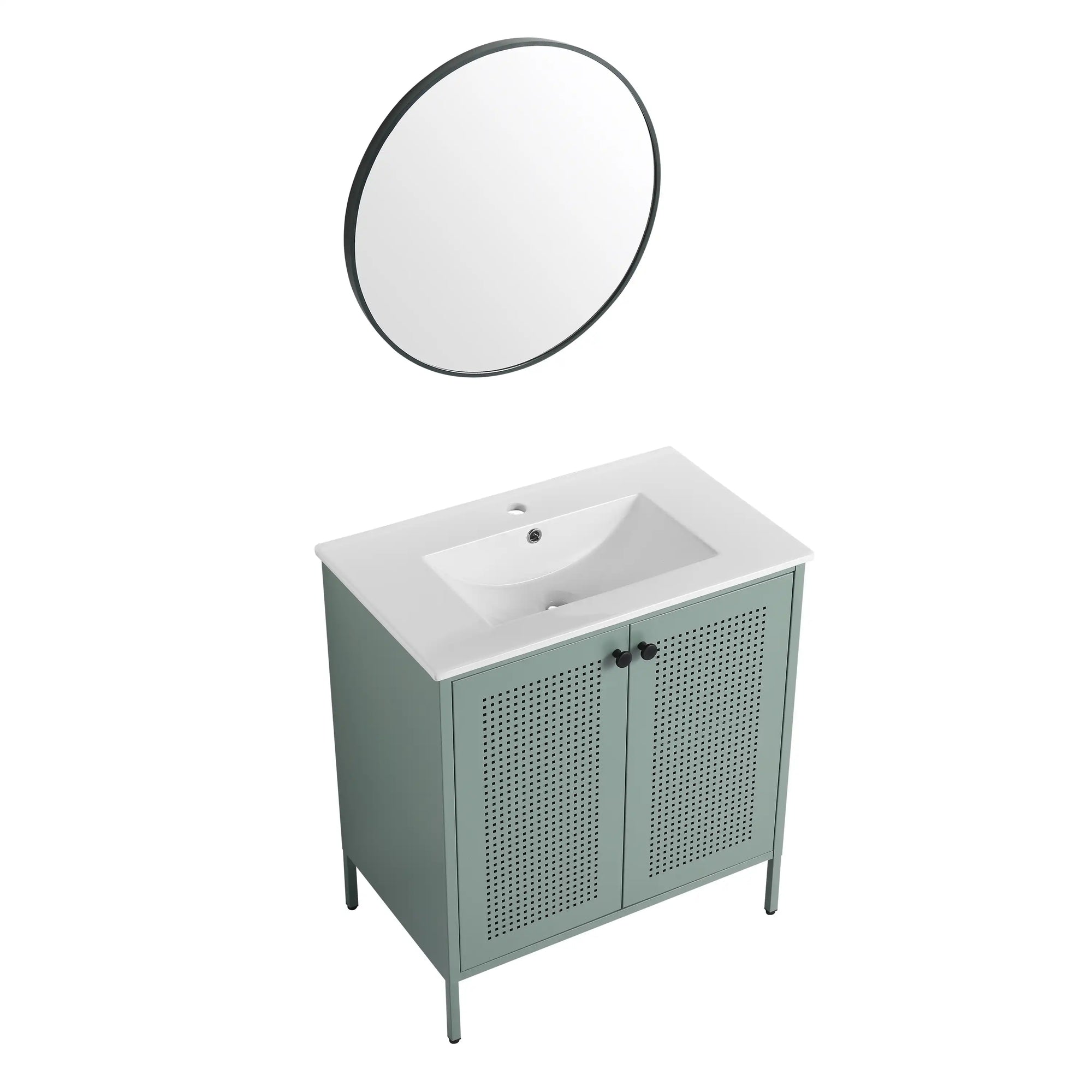 30" mint green 30 inch bathroom vanity with legs with ceramic sink and round mirror | Ace Decor