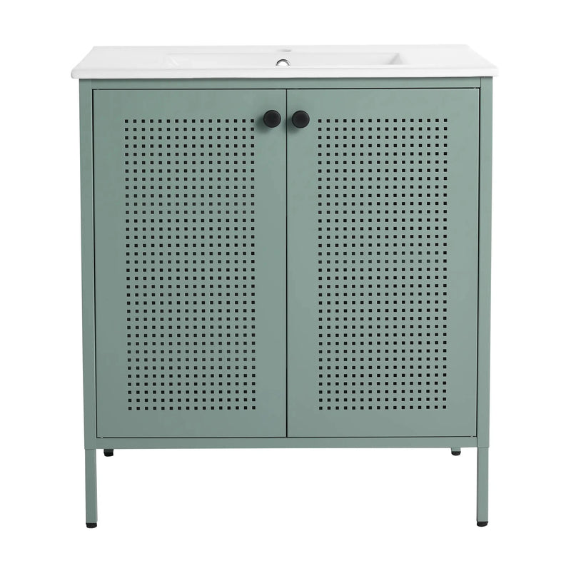 30" Mint Green Freestanding Bathroom Vanity with Sink, Double Door Cabinet & Adjustable Shelve