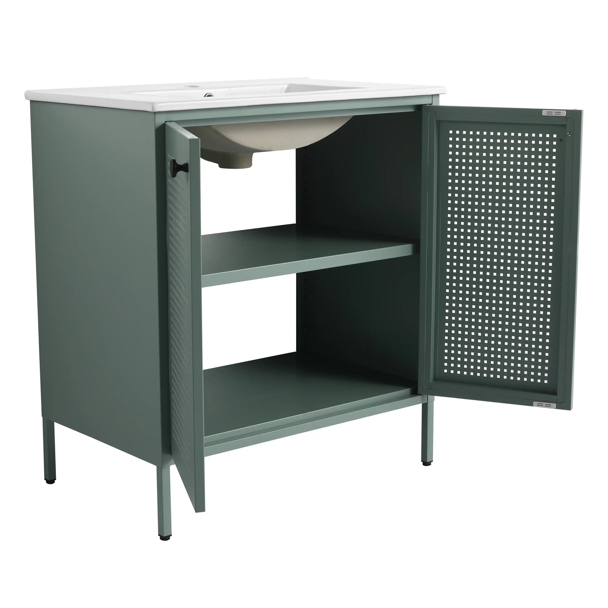 Open cabinet storage of 30" mint green 30 inch bathroom vanity with legs with adjustable shelf | Ace Decor