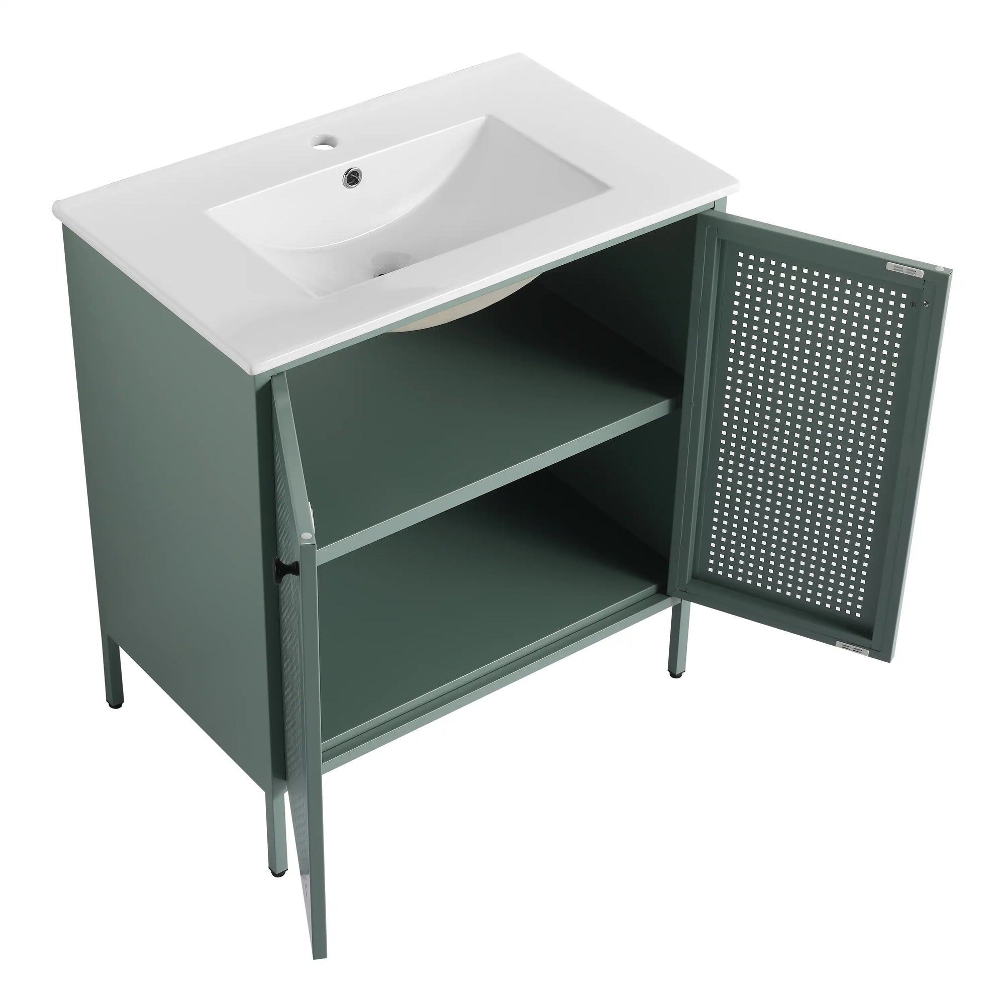 Angled open-door view of 30" mint green 30 inch bathroom vanity with legs showing interior storage | Ace Decor