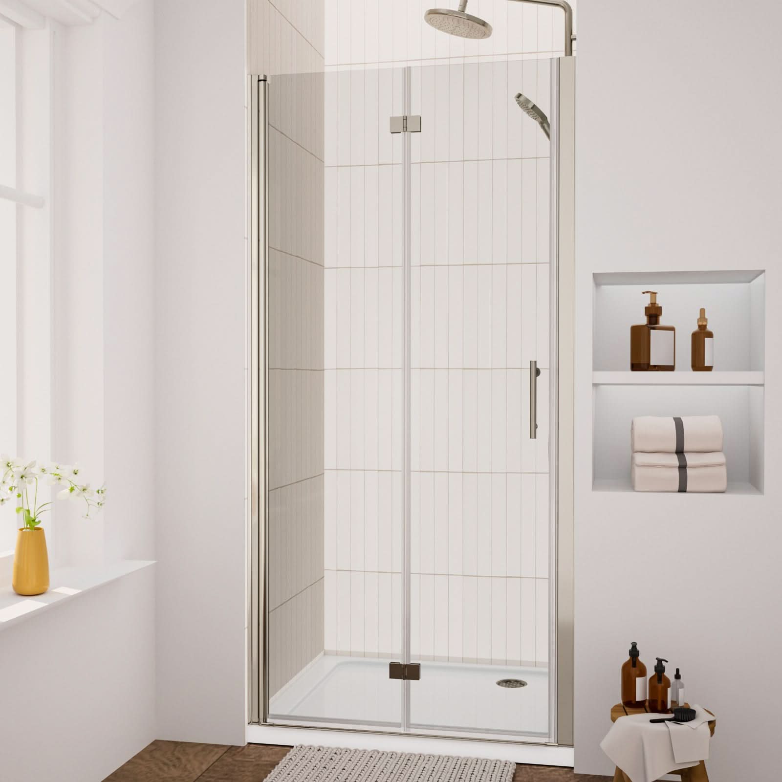 chrome frameless bi-fold shower glass door