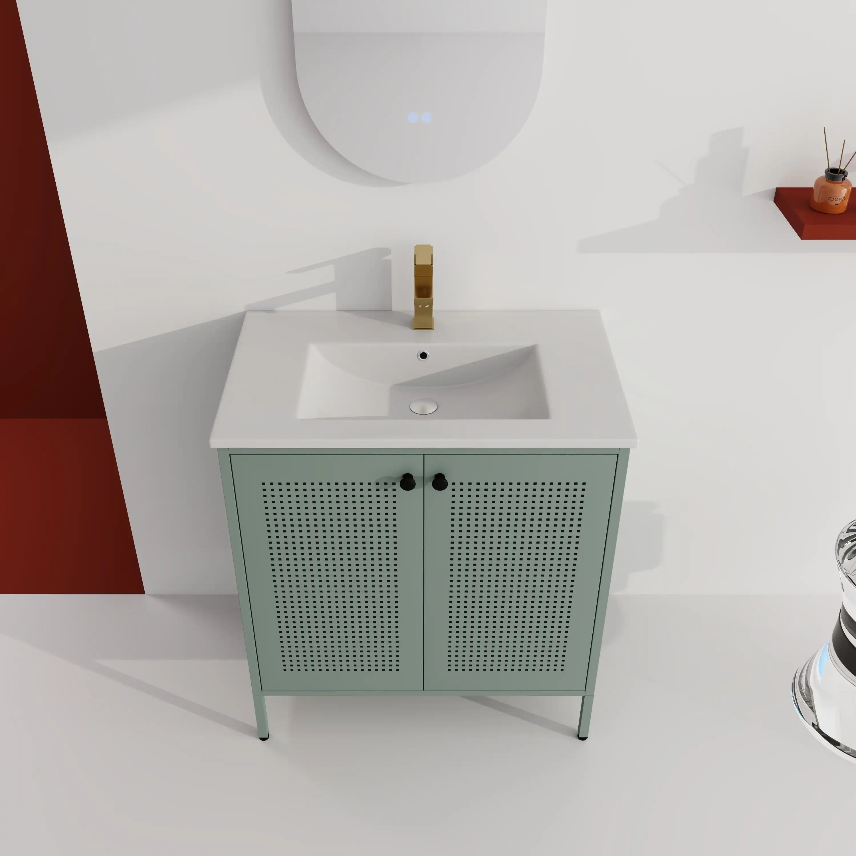 Top down view of mint green 30 inch bathroom vanity showing ceramic sink and gold faucett.