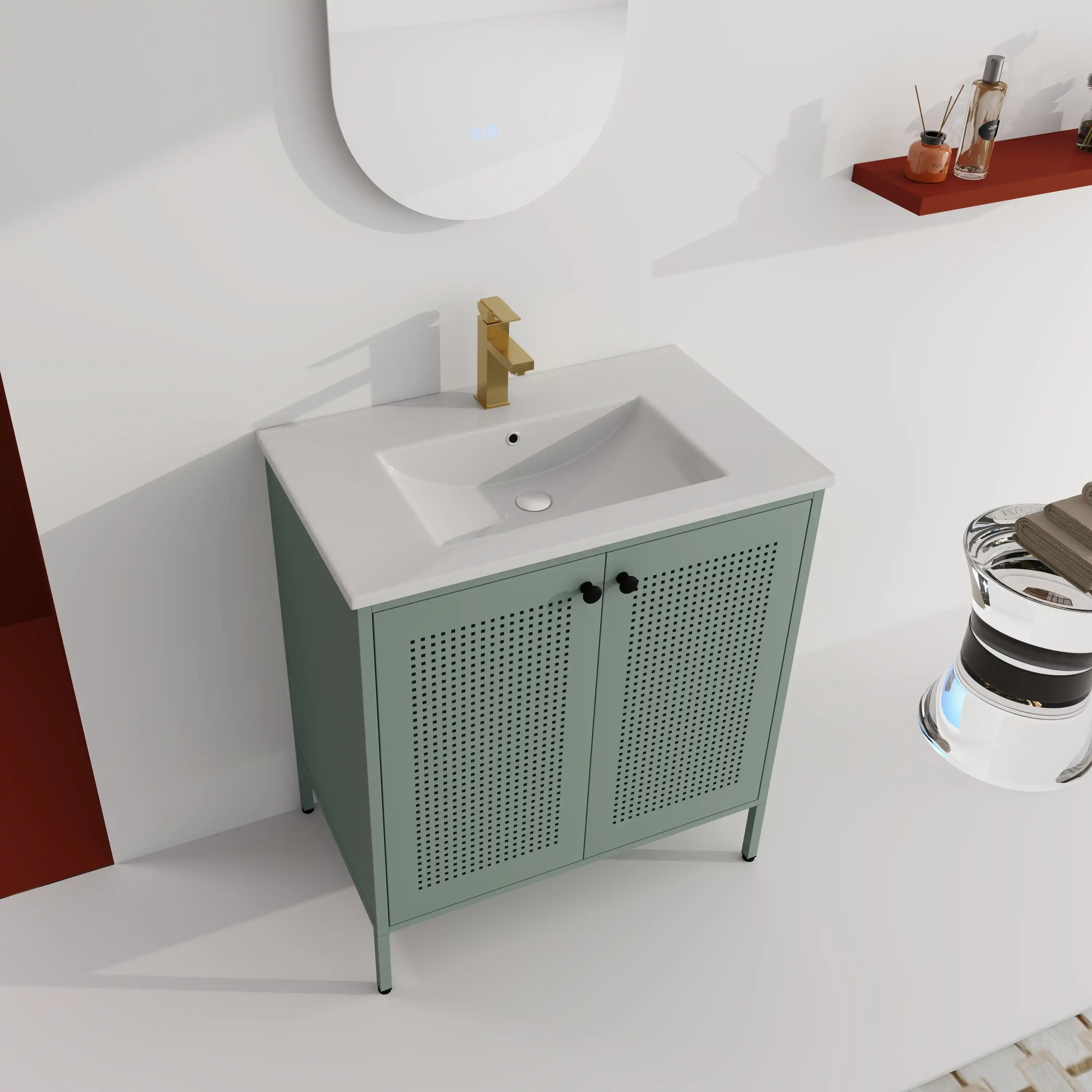 Top angled view of 30" mint green freestanding vanity with ceramic sink in a modern bathroom.