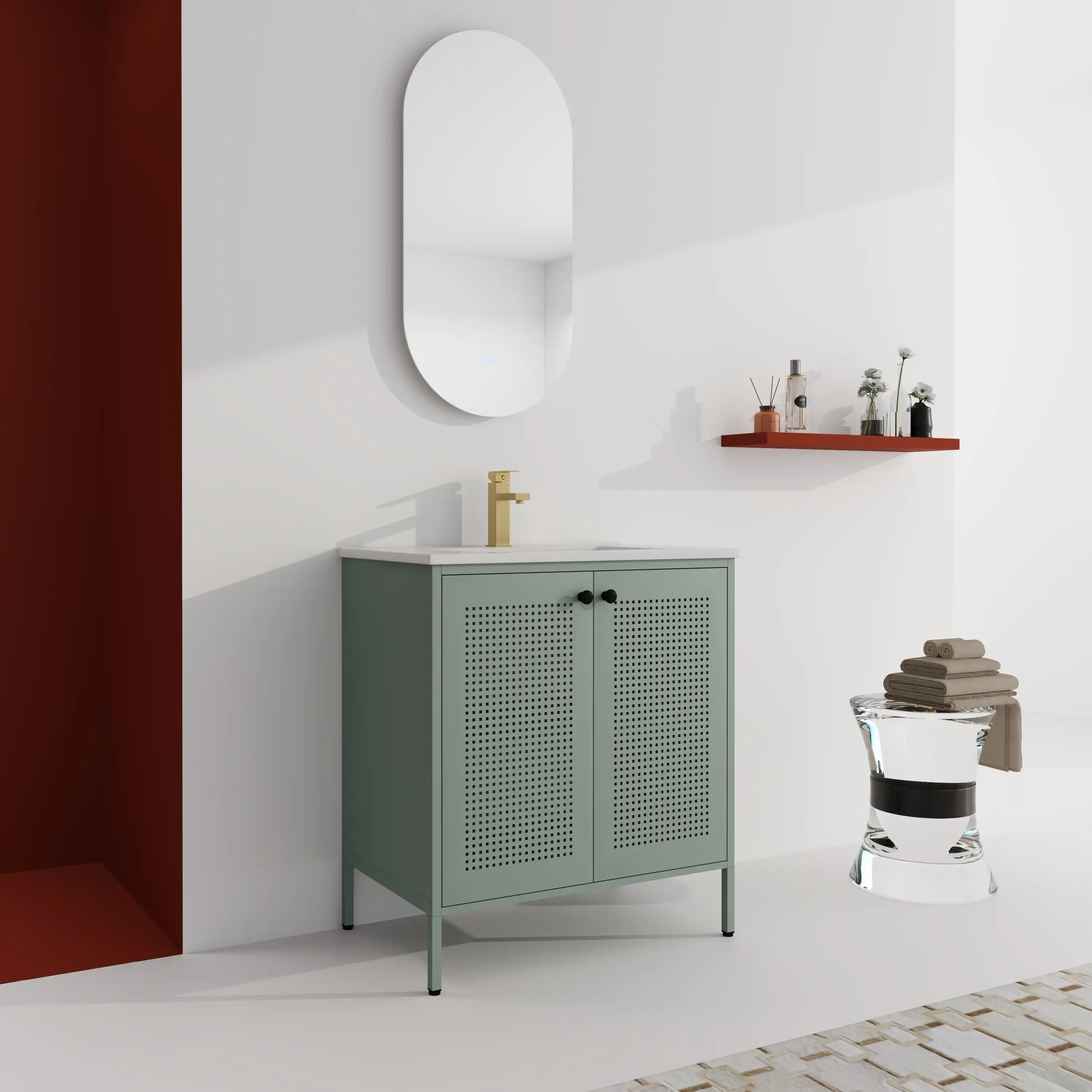 Bathroom scene with freestanding mint green 30 inch bathroom vanity and wall mirror.