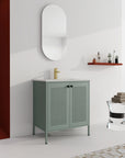 Bathroom scene with 30" mint green 30 inch bathroom vanity with legs and wall mirror | Ace Decor