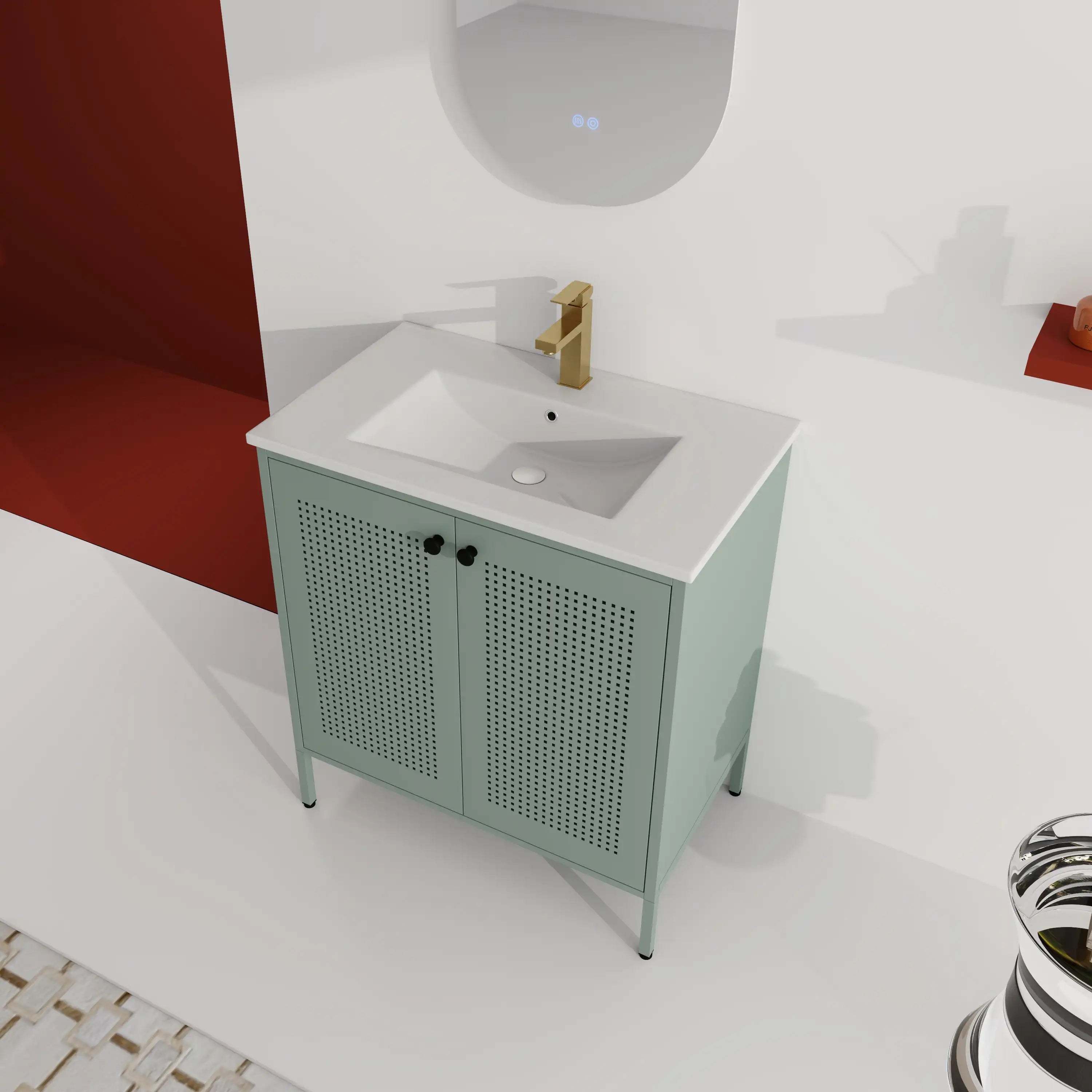 Angled top view of AeroGrid Series mint green 30 inch bathroom vanity.