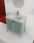 Angled top view of 30" mint green 30 inch bathroom vanity with legs with ceramic sink | Ace Decor
