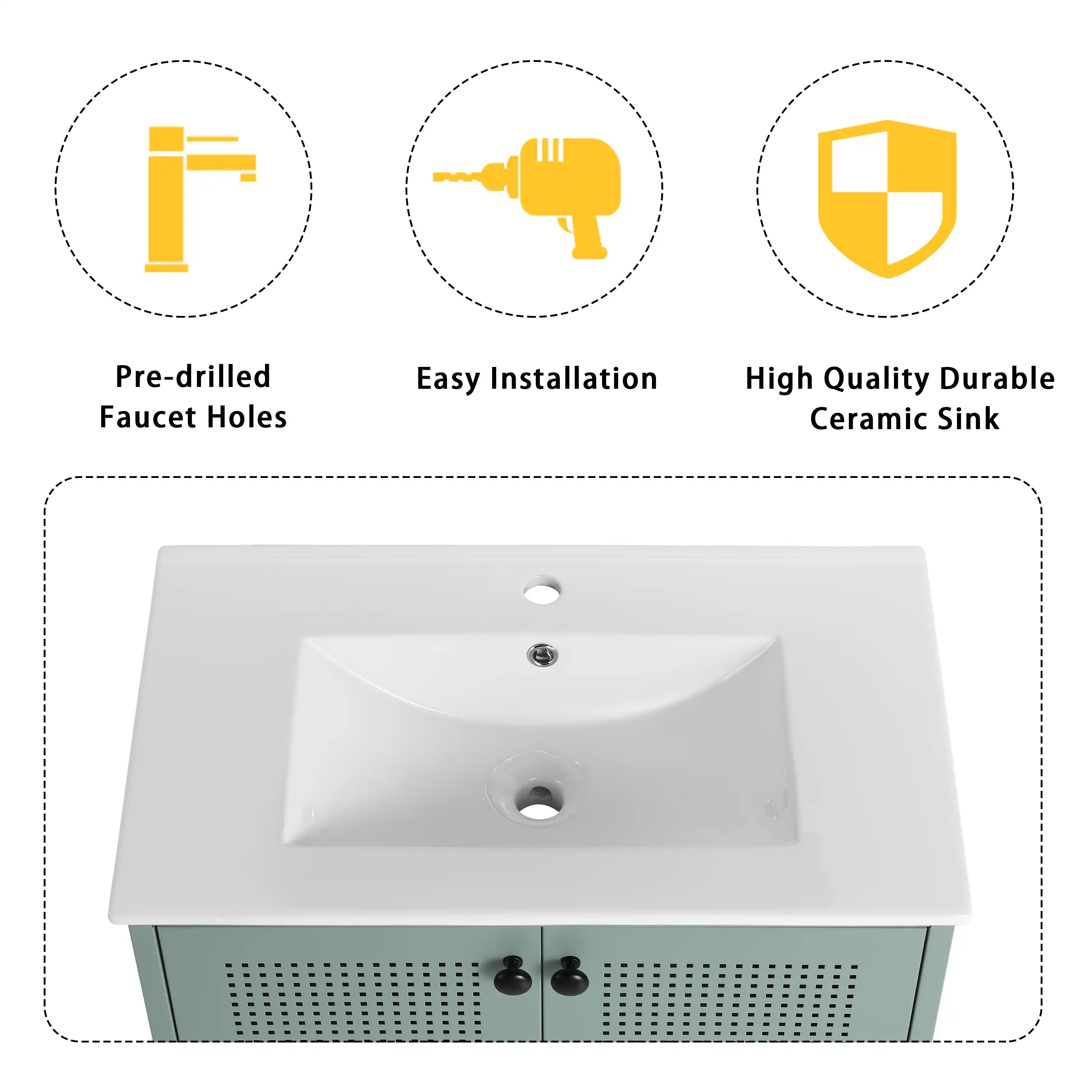 AeroGrid 30 inch mint green freestanding vanity with smooth ceramic sink and chrome-finish overflow.