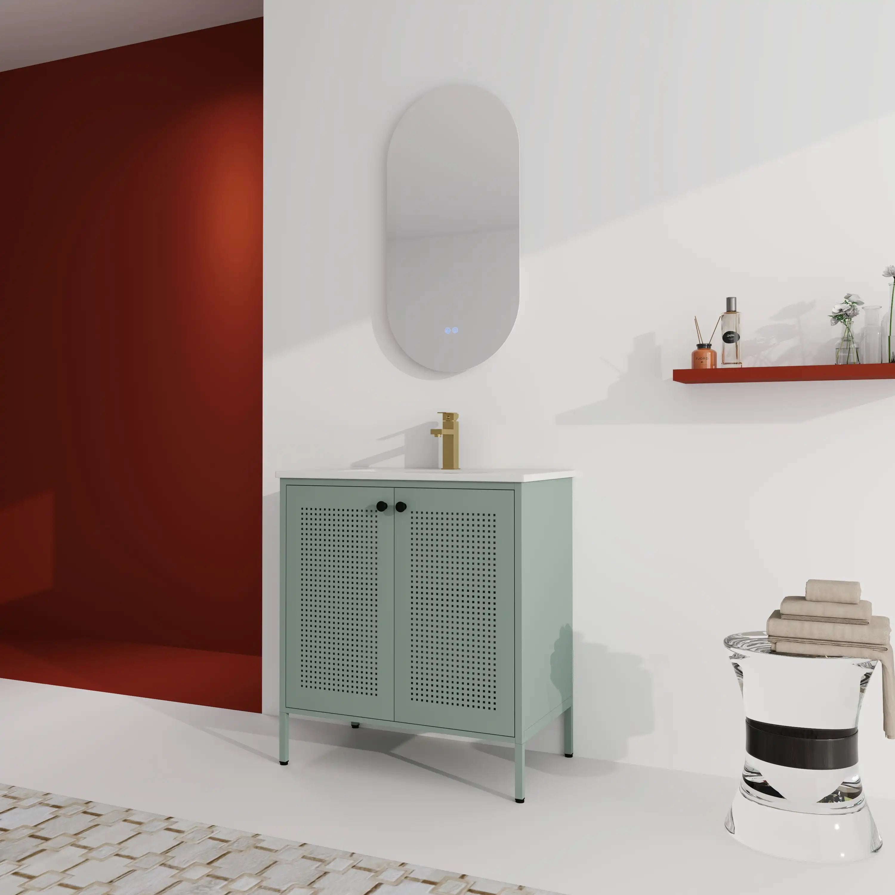 Bathroom scene with AeroGrid 30" mint green bathroom vanity, mirror and gold faucet.