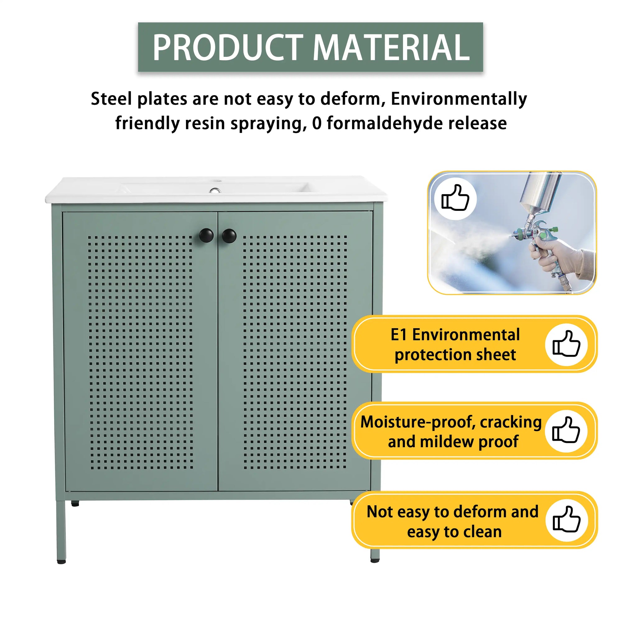 Material detail graphic of 30" mint green 30 inch bathroom vanity with legs with durable steel cabinet | Ace Decor