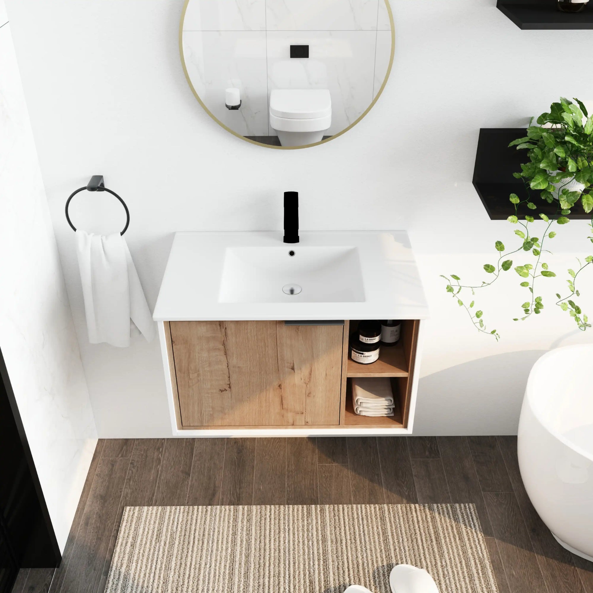 30" floating wood bathroom vanity with sink front view in contemporary bathroom with mirror and decor | Ace Decor