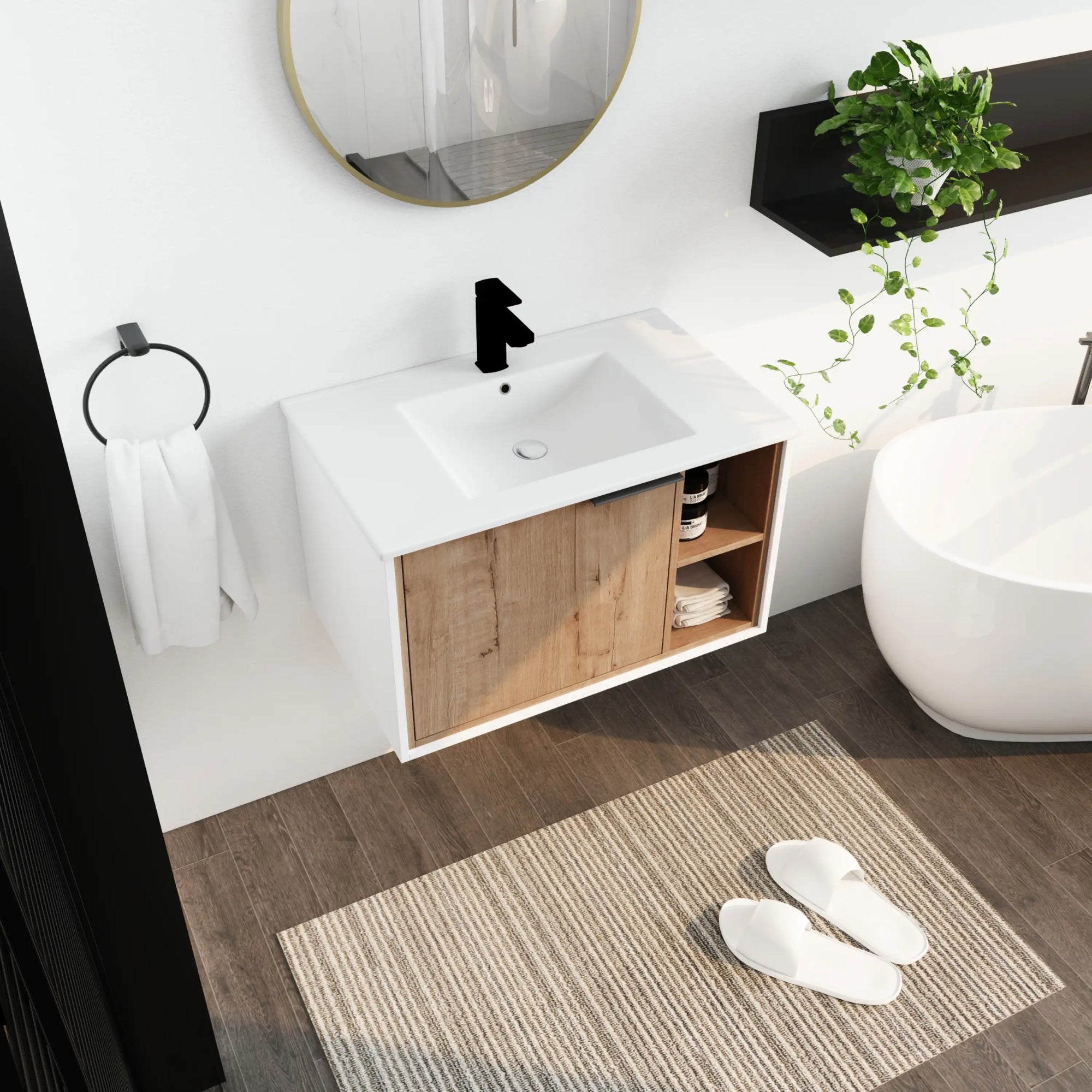 30" wall-mounted wood bathroom vanity with sink in modern bathroom setting with open shelf storage | Ace Decor