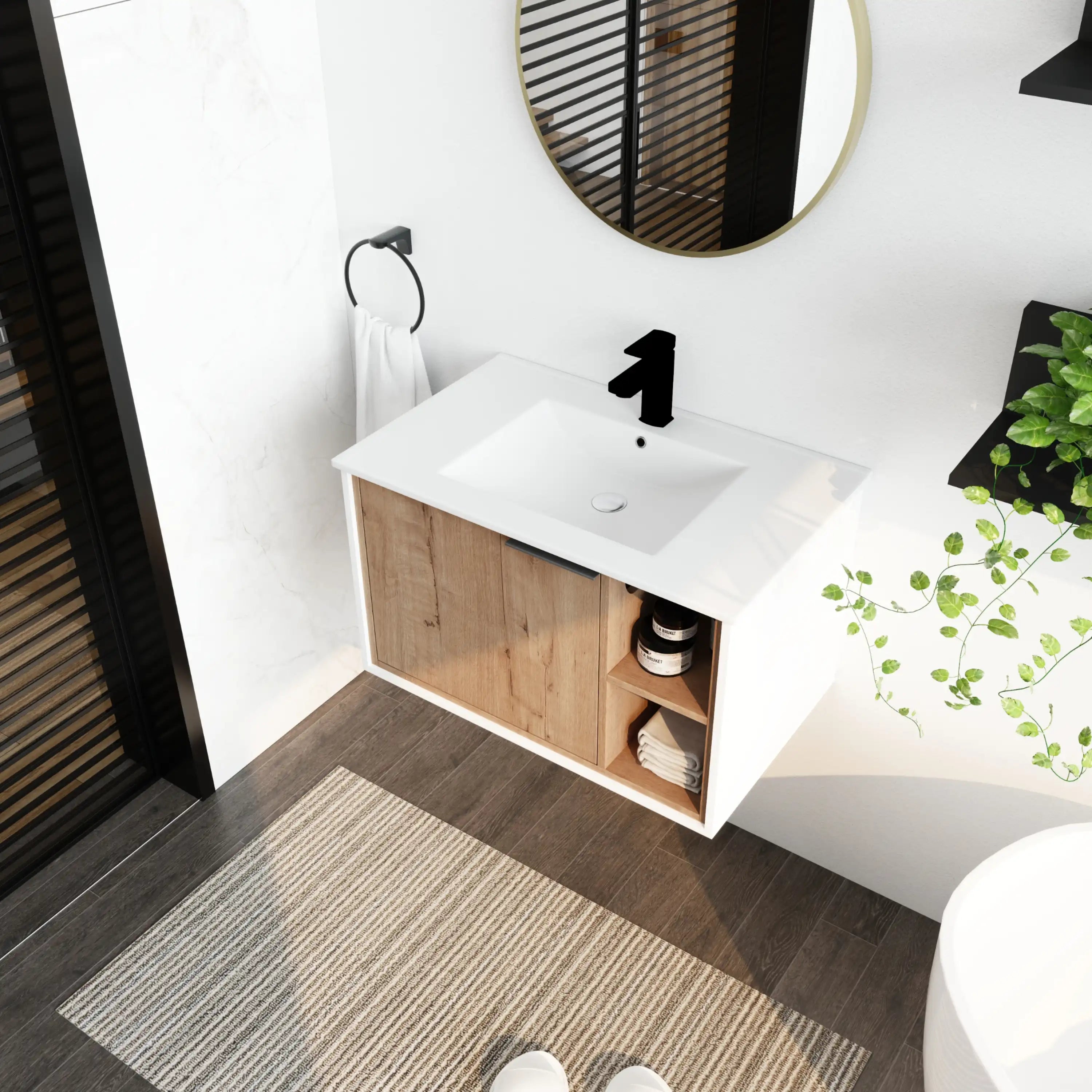 30 inch wall-mounted bathroom vanity with sink styled in modern bathroom with open shelf storage.