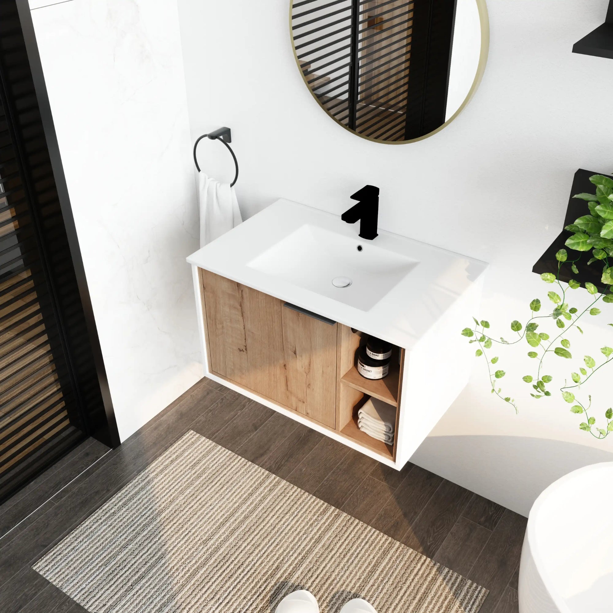 30" wall-mounted wood bathroom vanity with sink styled in modern bathroom with open shelving storage | Ace Decor