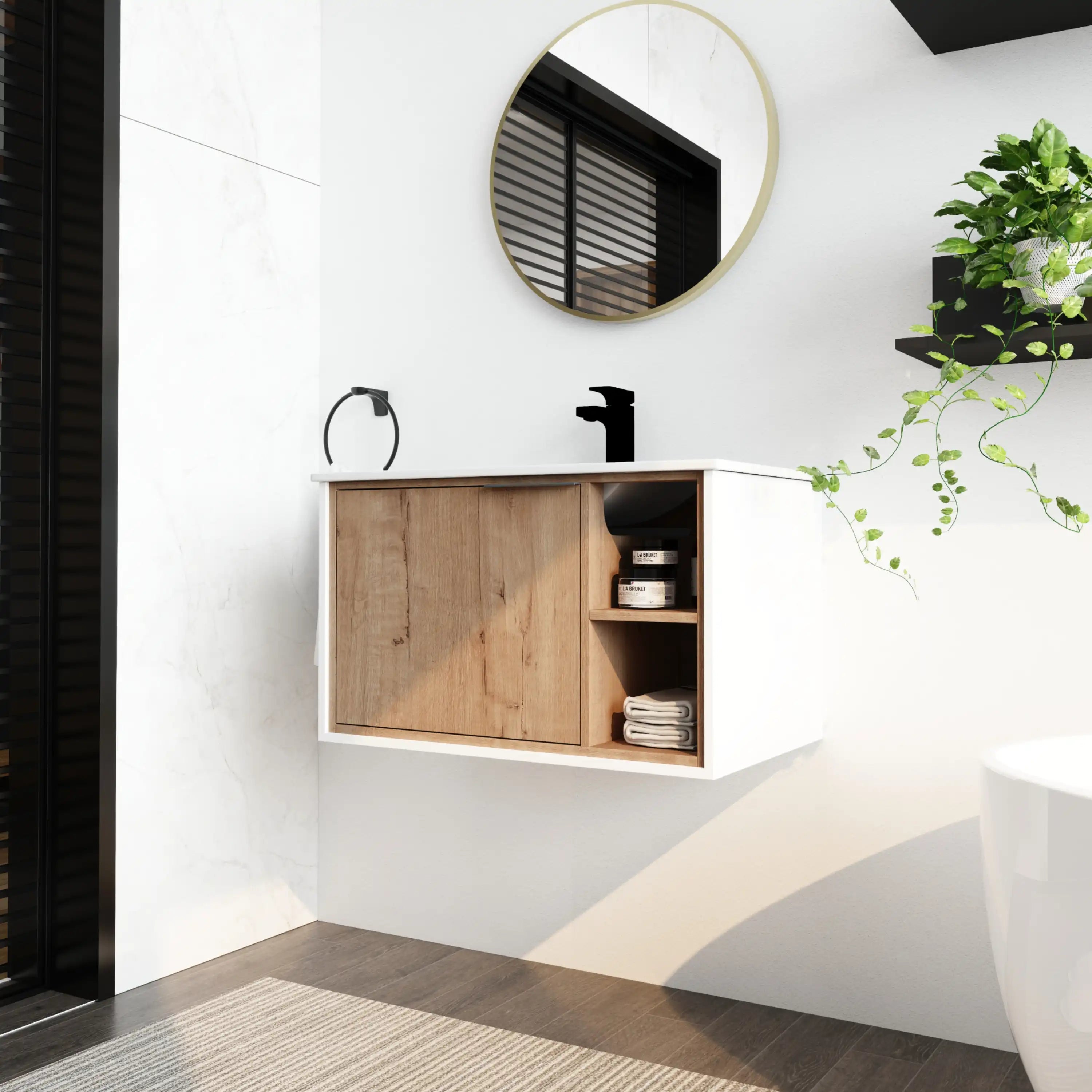 24 / 30 Inch Wood Bathroom Vanity with Integrated Sink, Wall-Mount, Open Storage Shelves