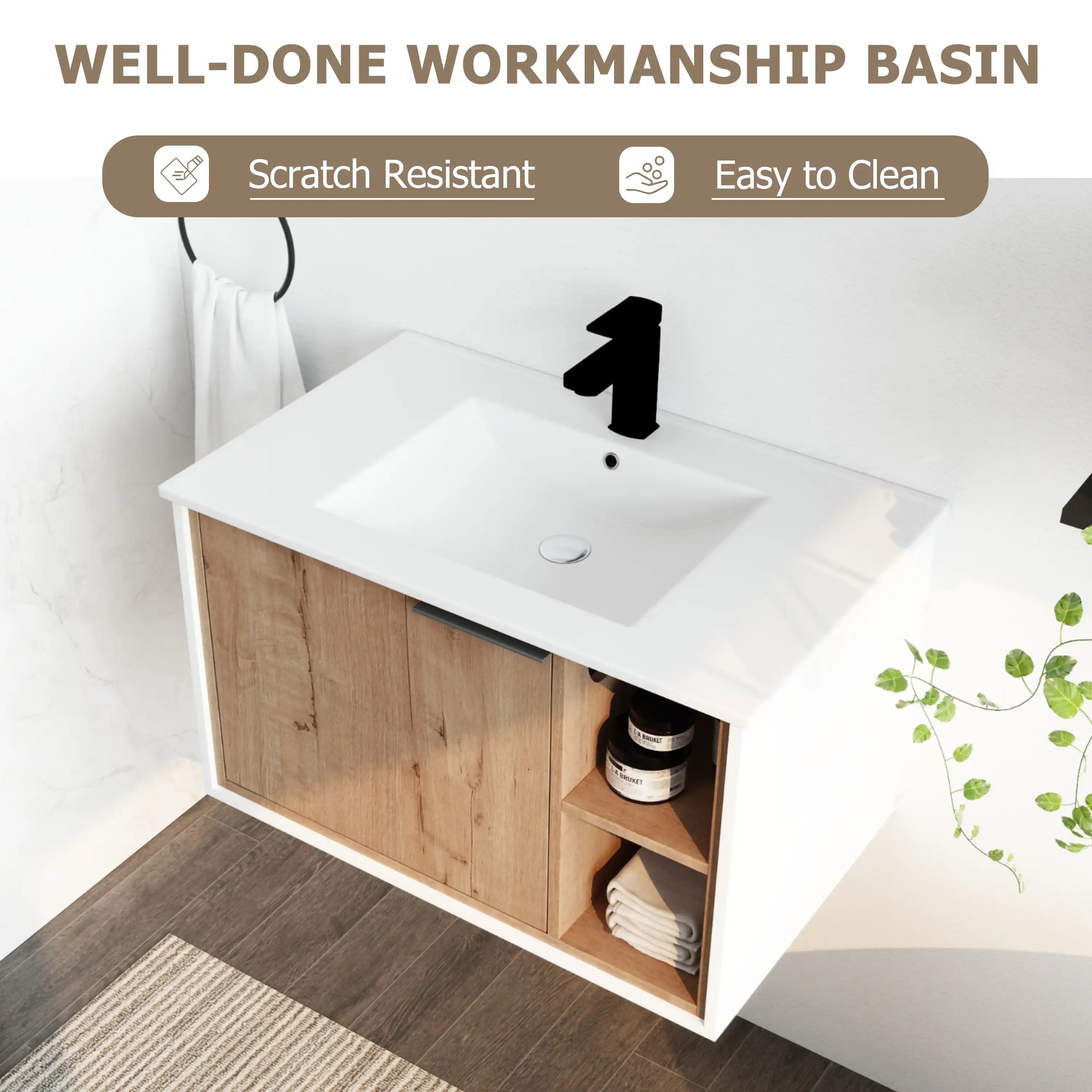 30" wood bathroom vanity with sink showing ceramic basin with scratch-resistant and easy-to-clean surface | Ace Decor