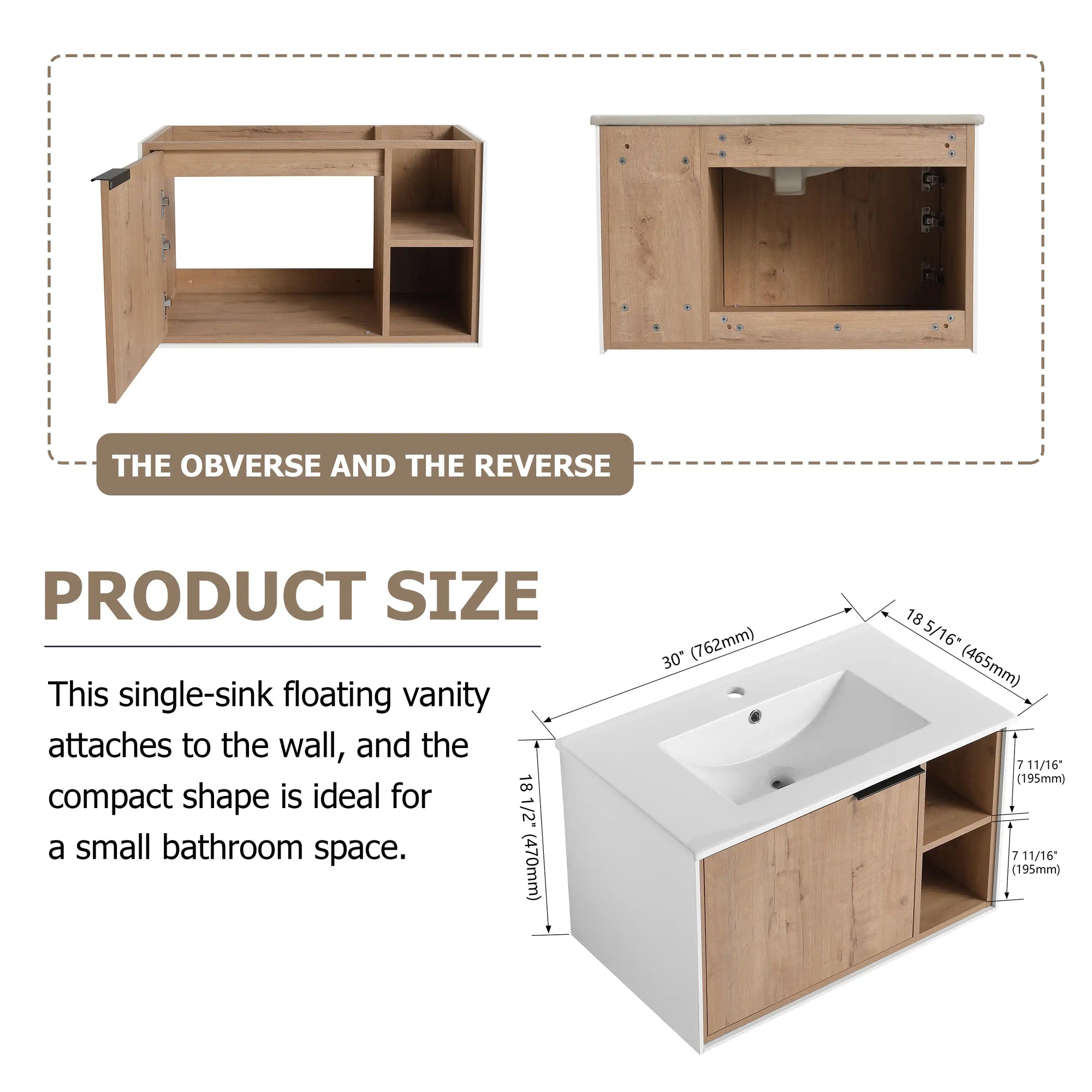 30" wood bathroom vanity with sink dimensions and product size diagram for wall-mounted design | Ace Decor