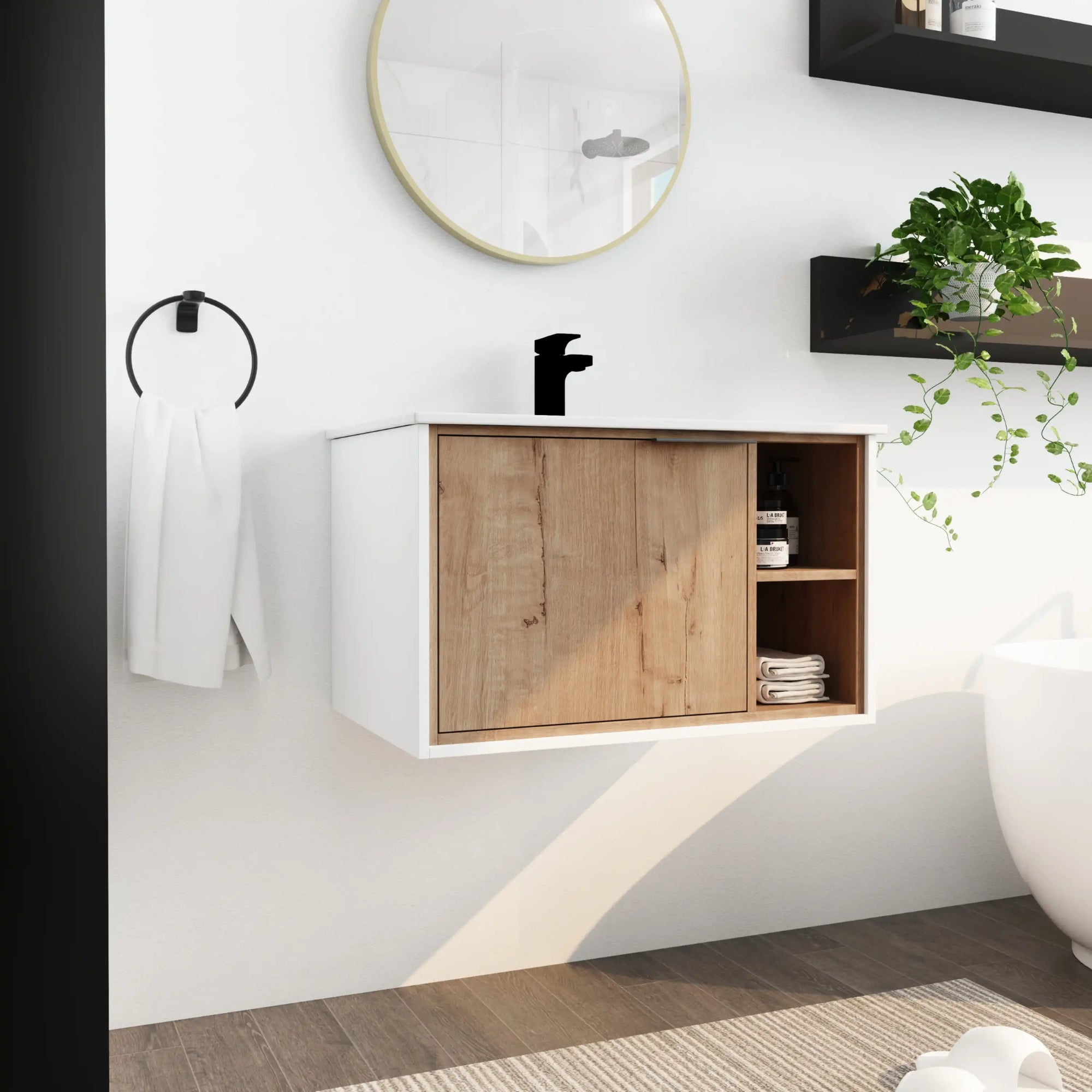 30" wall-mounted wood bathroom vanity with sink in modern bathroom with open shelf storage | Ace Decor