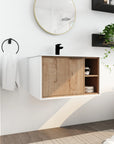 30" wall-mounted wood bathroom vanity with sink in modern bathroom with open shelf storage | Ace Decor