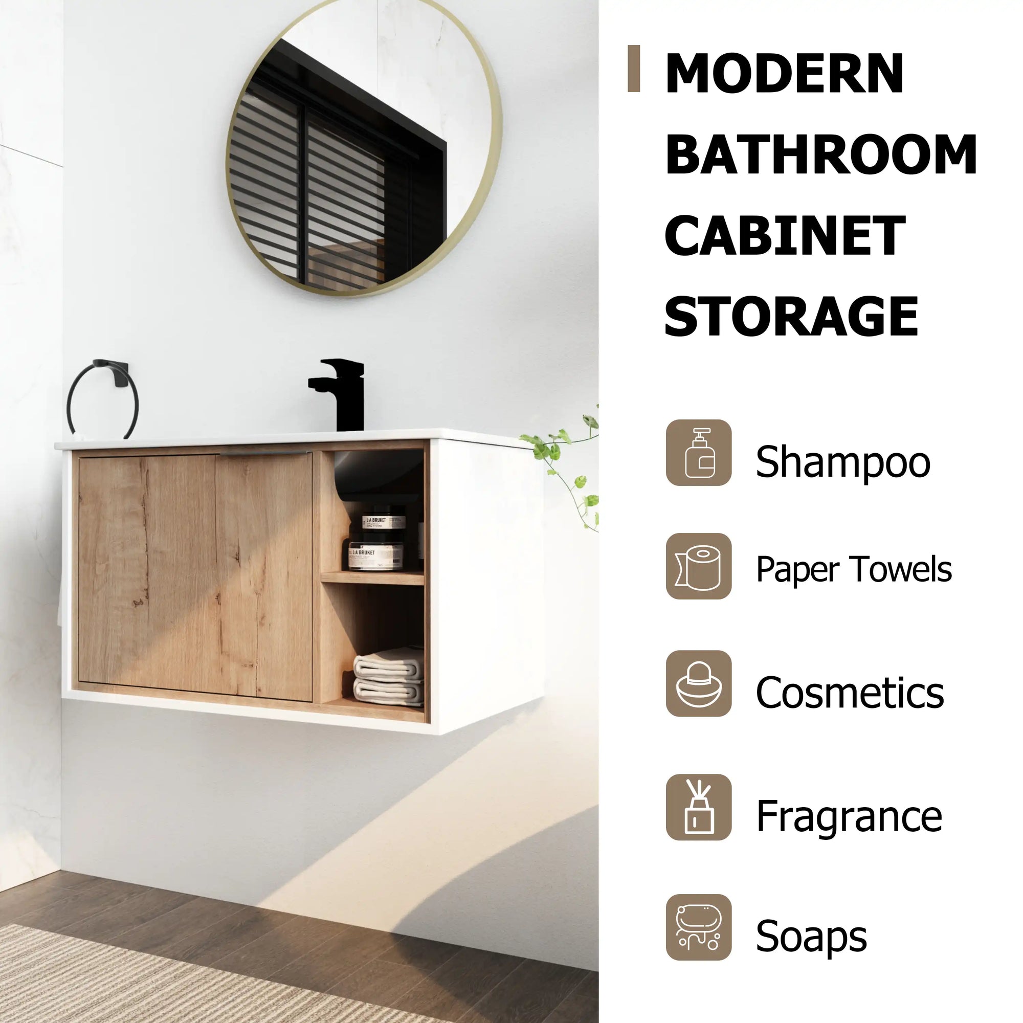 30" wood bathroom vanity with sink highlighting storage for toiletries and bathroom essentials | Ace Decor