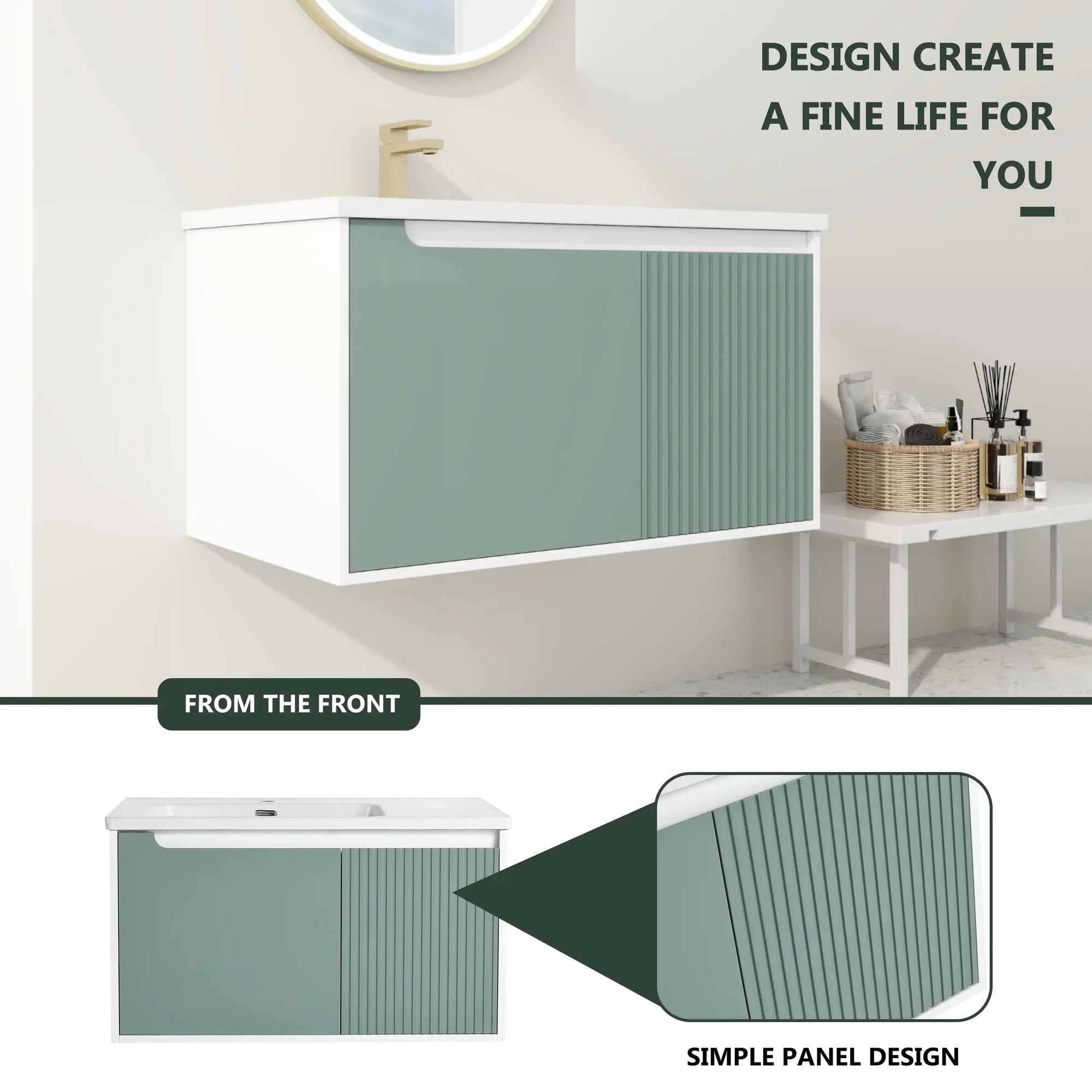 Front design detail of mint green 36 bathroom vanity sink | Ace Decor